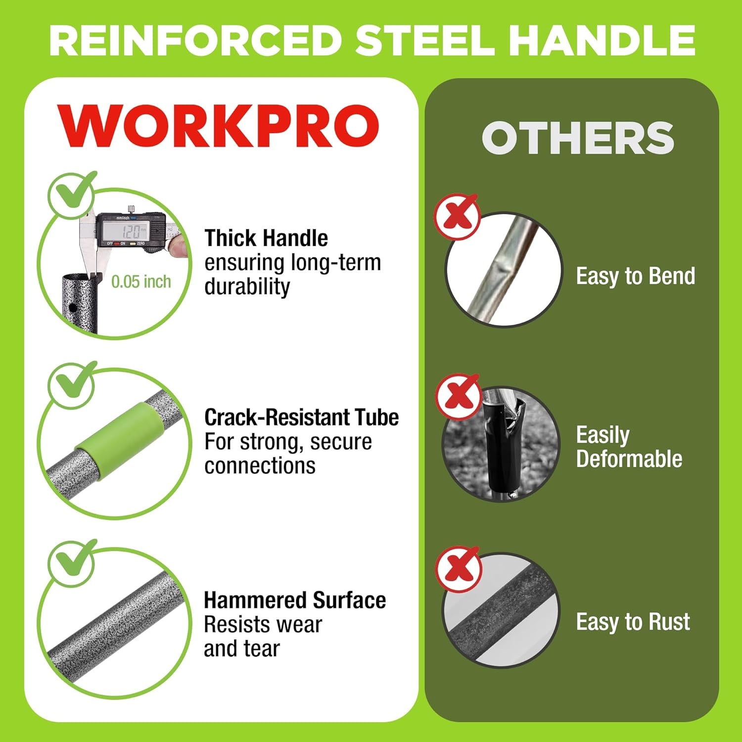 Reinforced steel handle lawn leveling rake with crack-resistant tube and hammering