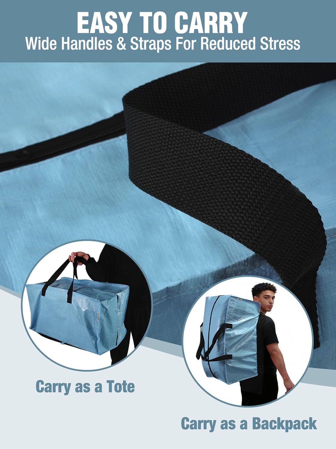 Dusty blue moving bag with wide black handles for tote or backpack carry