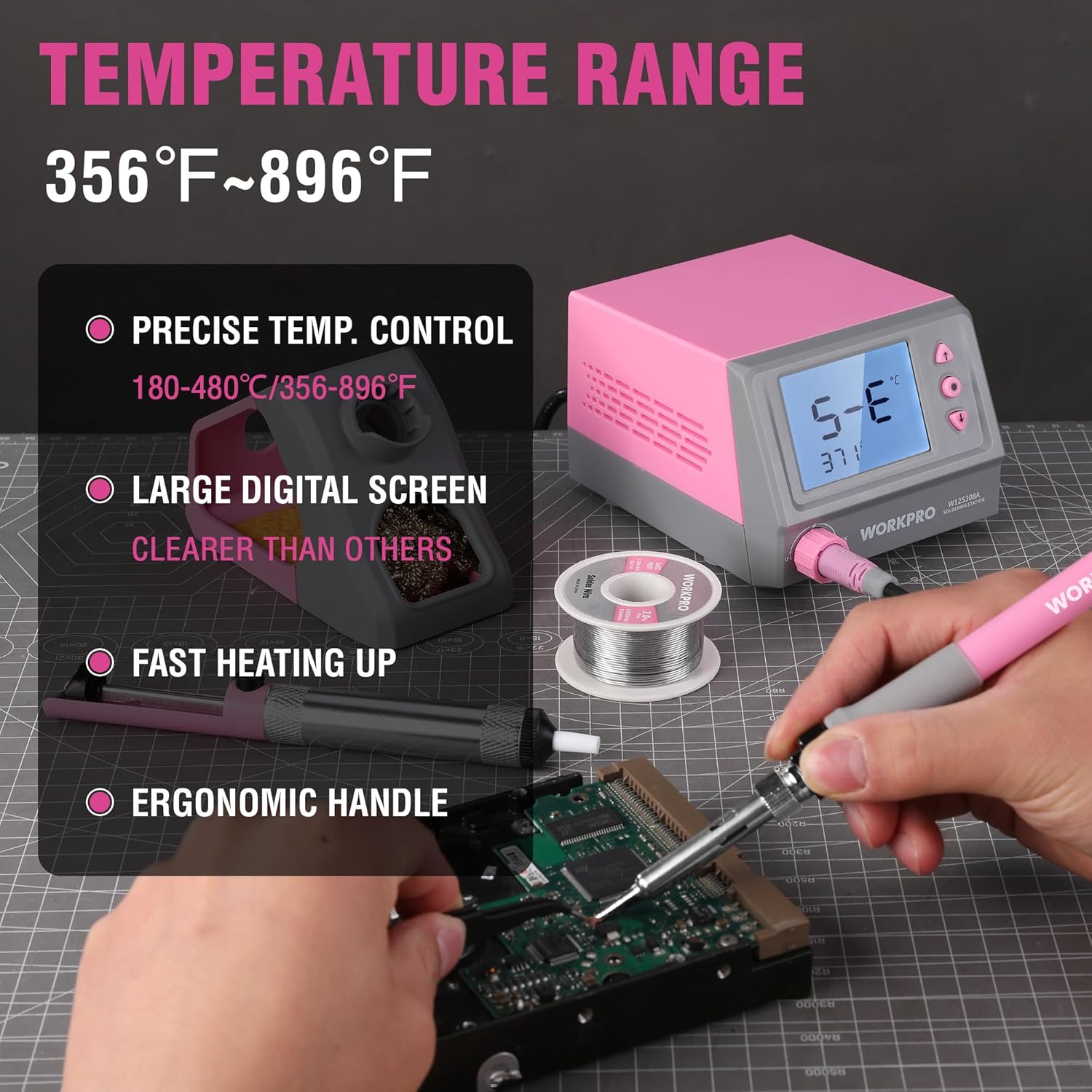 Pink digital soldering station with display and soldering iron in use for electronics repair