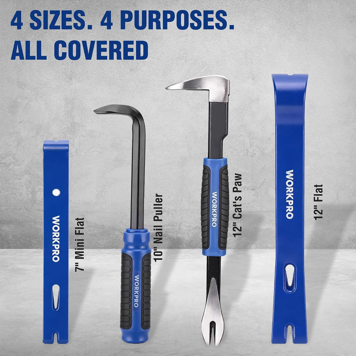 WORKPRO 4-Piece Pry Bar Set with Case | Includes 7" Mini, 10" Puller, 12" Cat's Paw & Flat. Forged Steel, HT, Rust-Resist. For Demo/Remodel/Woodwork