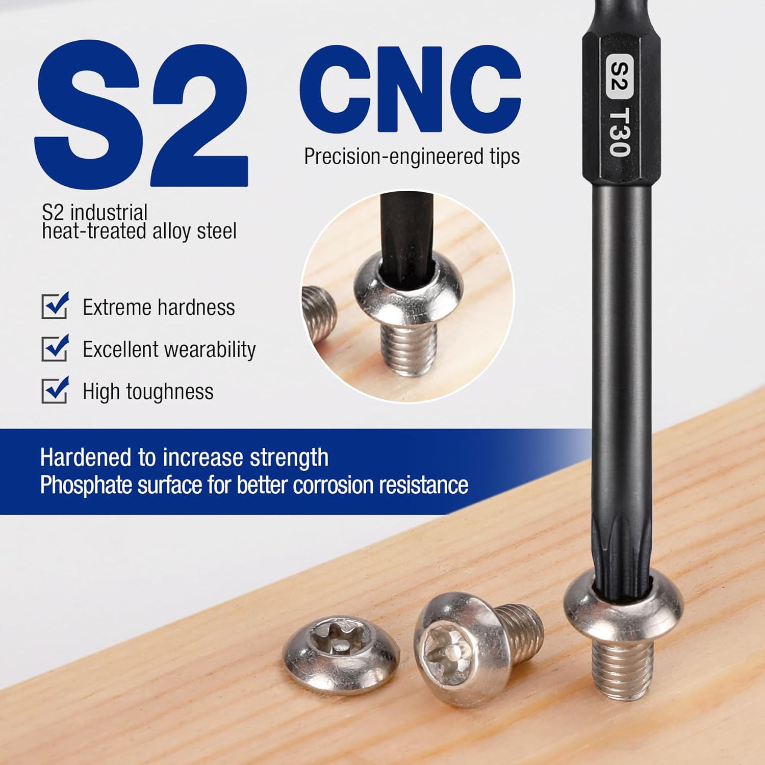 S2 steel tamper-resistant Torx bit with precision tip, shown with metal screw on wood surface