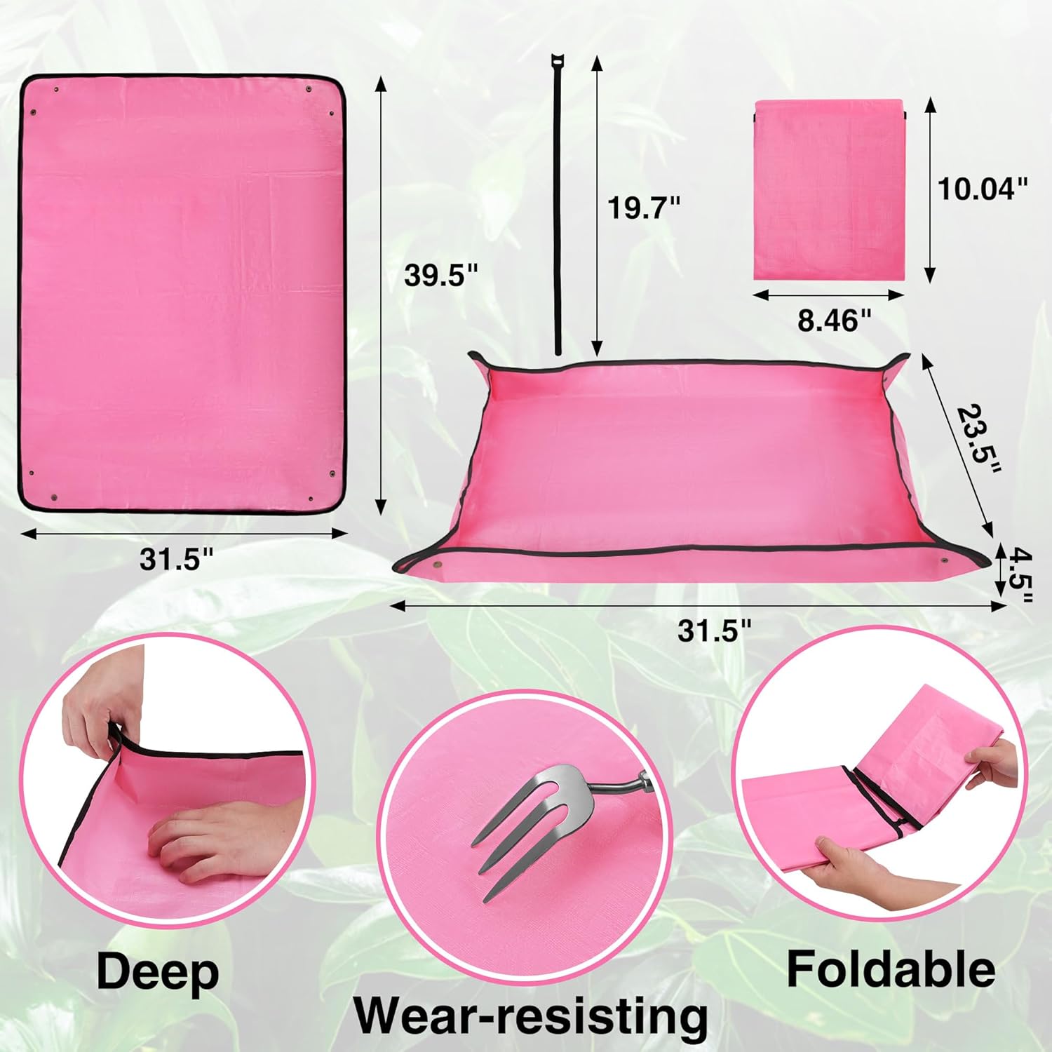 Foldable pink square potting mat with black edge and size diagram markings