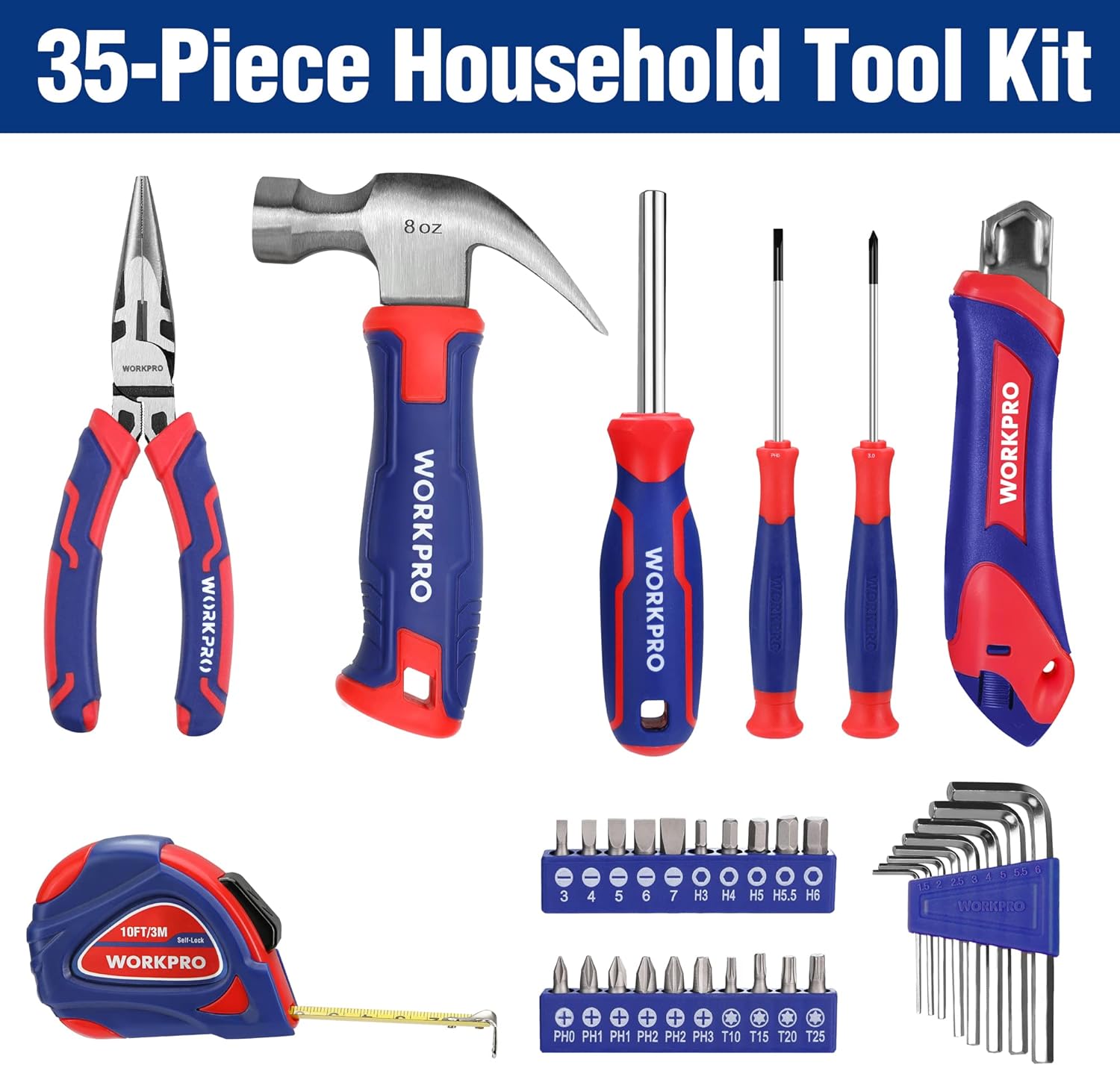 WORKPRO 35-piece household tool kit with hammer, screwdrivers, pliers, tape measure