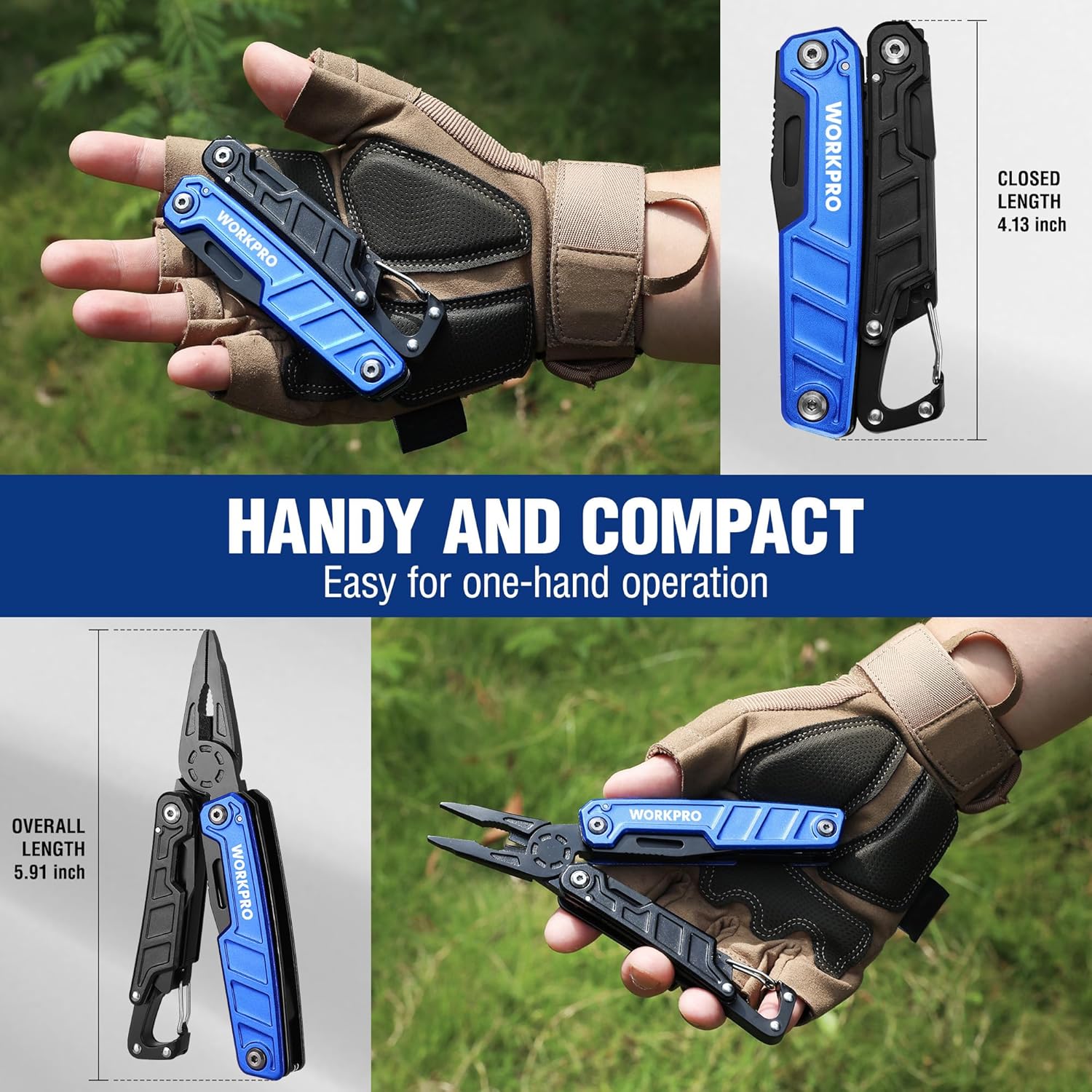 Blue and black multitool pliers with black sheath, shown in hand for compact carry