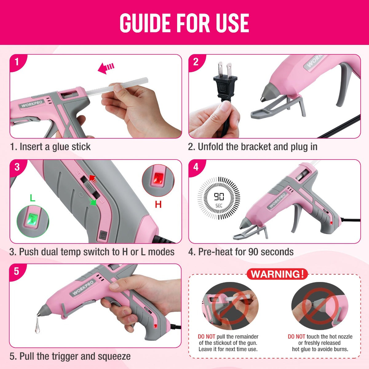 Pink and grey hot glue gun with hand showing insert and plug-in steps.