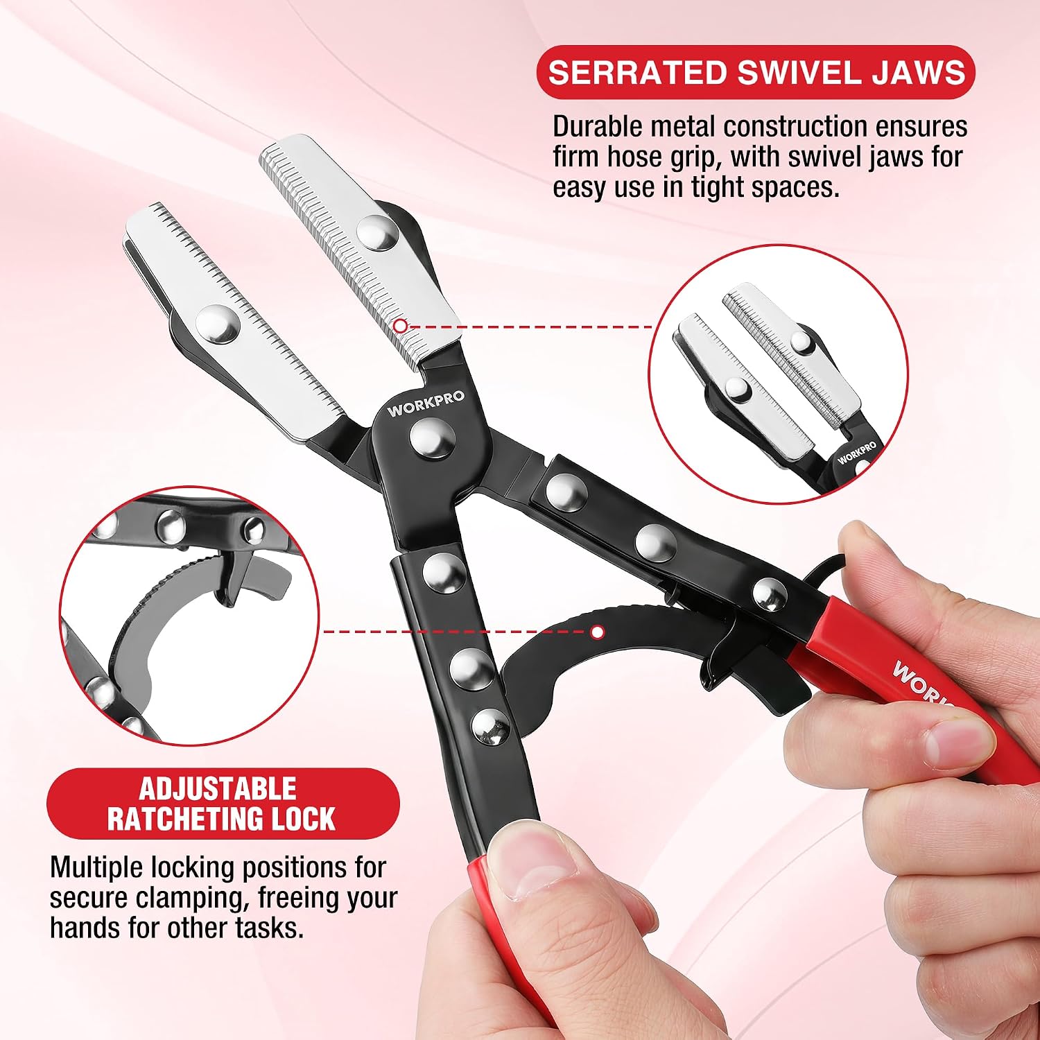 Ratcheting hose clamp pliers set, black jaws with silver teeth and red handles