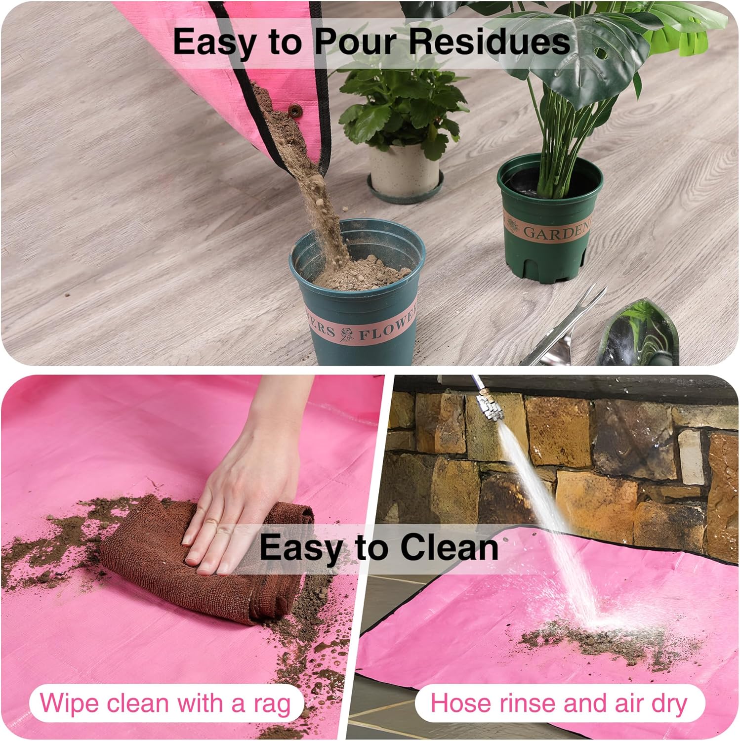 Pink potting mat with black border holding soil, shown for easy wipe and hose cleaning