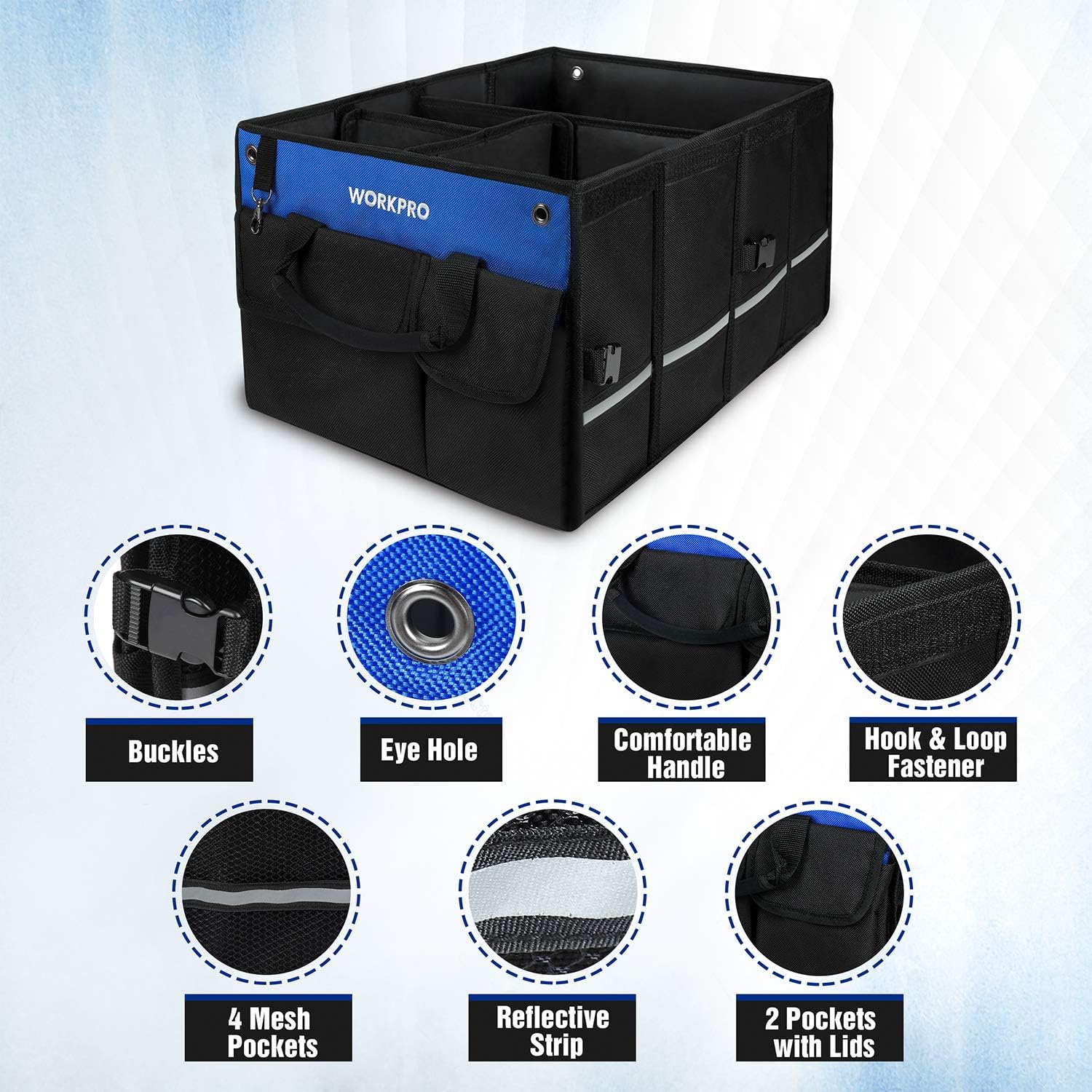 Four-compartment trunk organizer with lid, black fabric and blue accent panel.