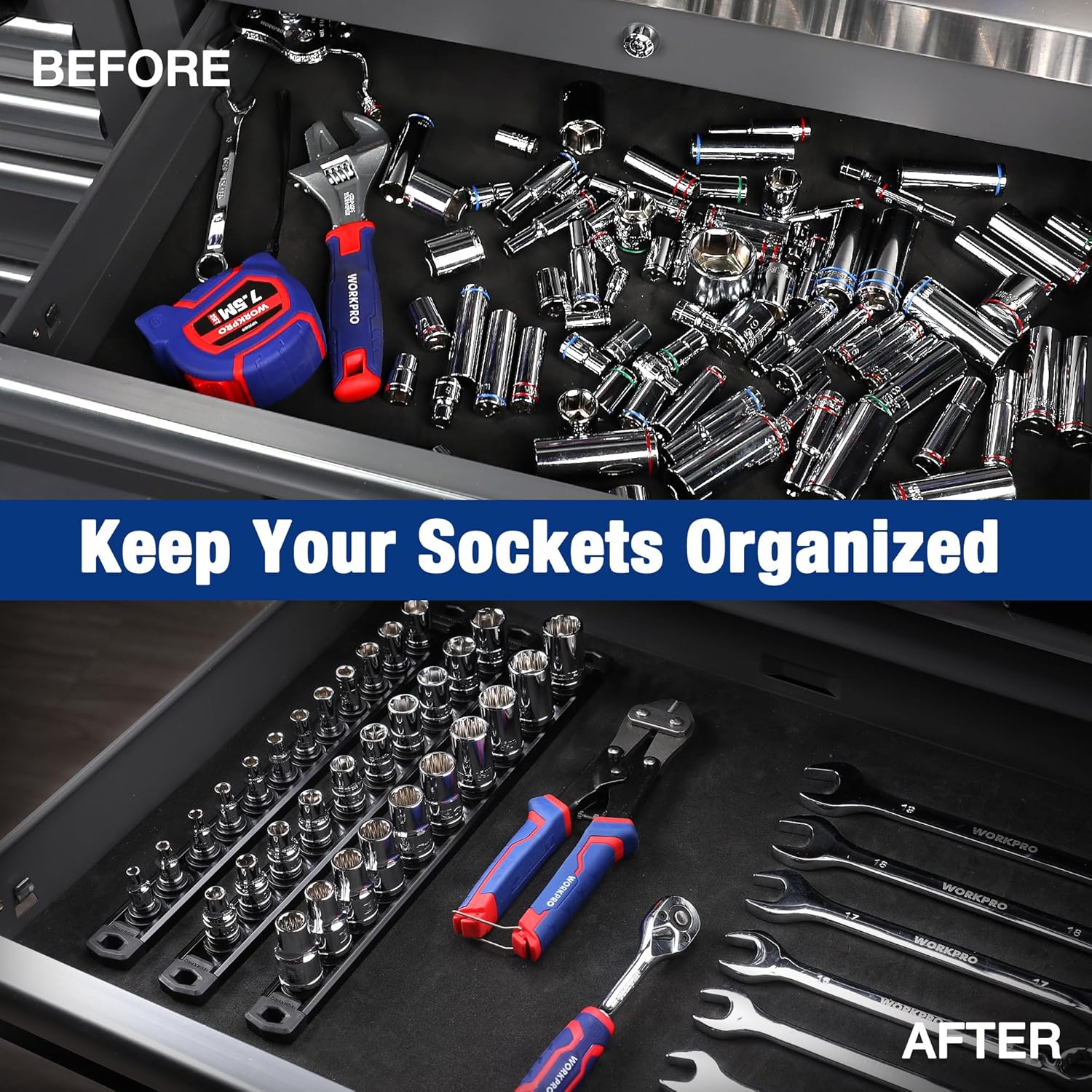 Black 1/4-inch drive magnetic socket organizer rail with adjustable holder clips