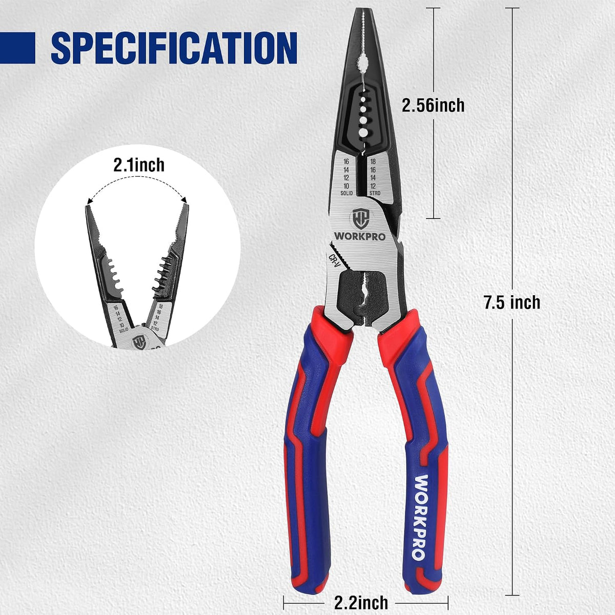 WORKPRO 6-in-1 Needle Nose Pliers, 8 Inch Multipurpose Long Nose Pliers with Wire Stripper/Crimper/Cutter Function, Premium Heavy-Duty CRV Steel Hand Tool Plier for Home, Crafts