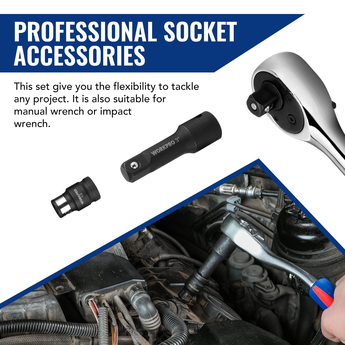 Professional socket accessory set with drive adapter and sockets for vehicle repair