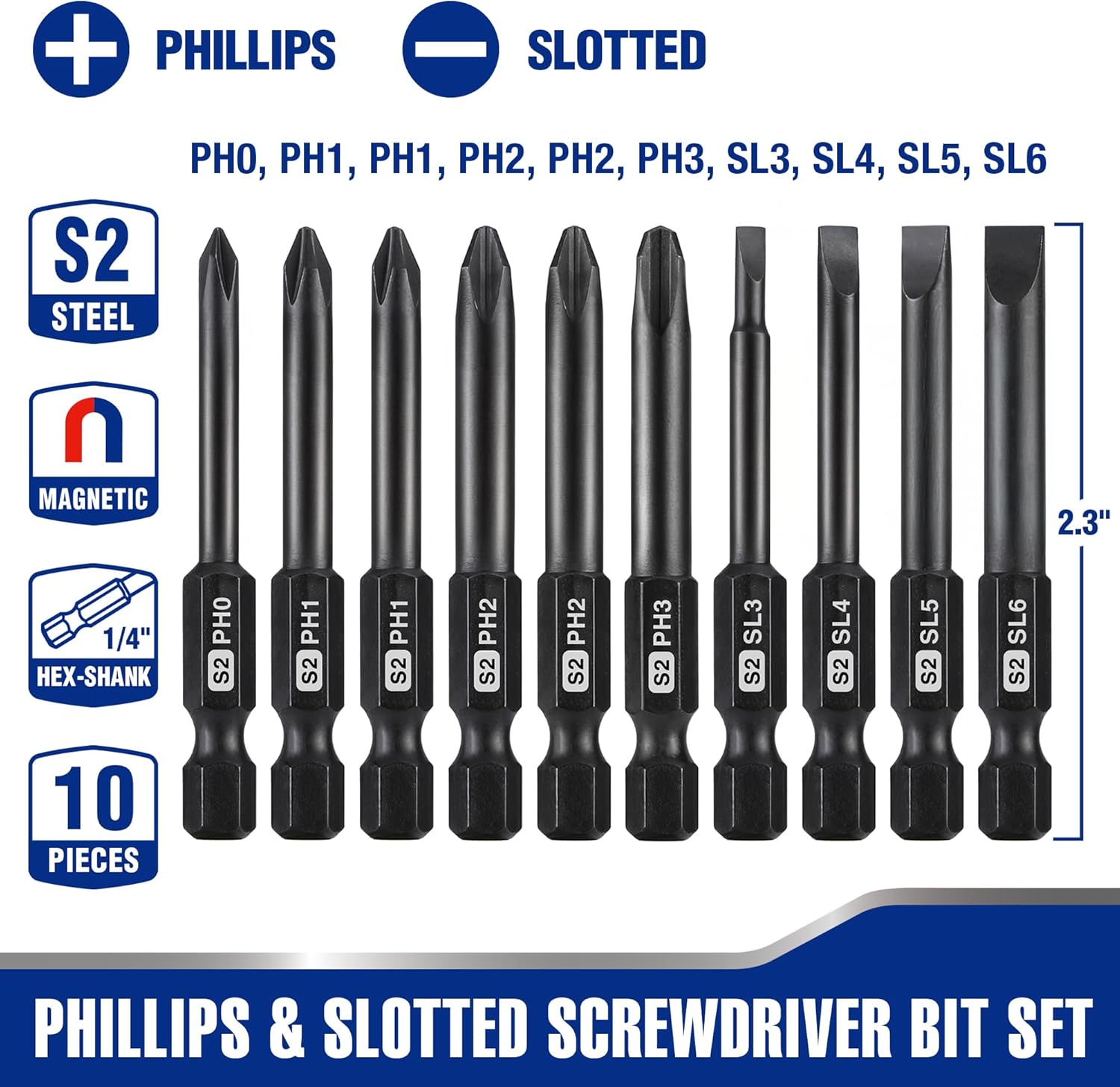 WORKPRO 10-piece slotted Phillips screwdriver bit set, magnetic S2 steel, 1/4 in hex shank