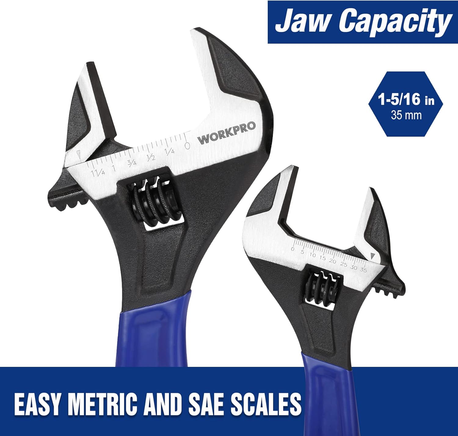 Adjustable wrench head showing metric/SAE scale markings and jaw capacity 1-5/16 in