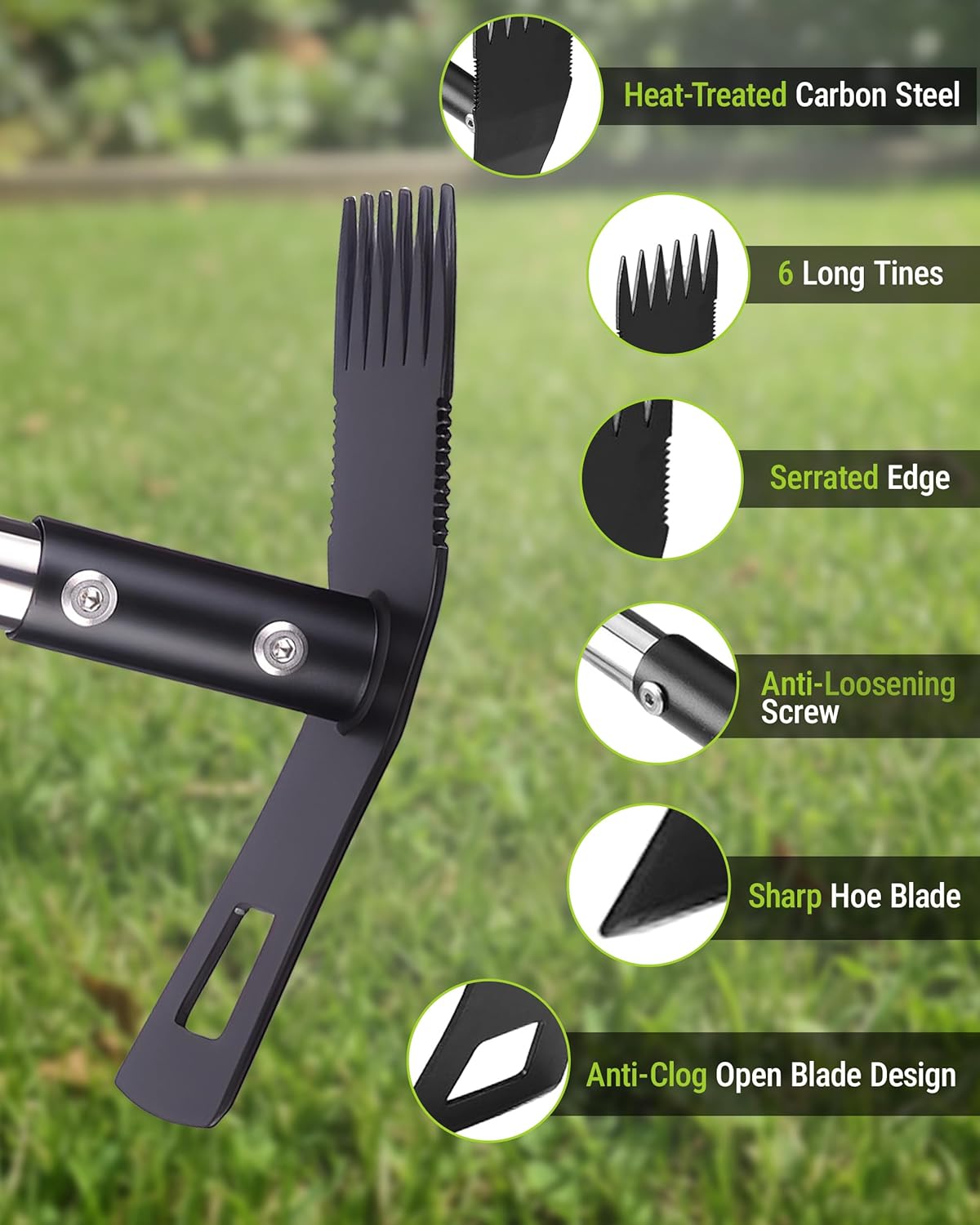 Heat-treated carbon steel weed rake head with serrated edge and six long tines