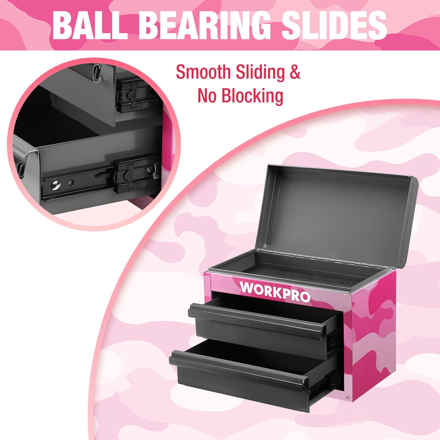 Pink camo mini tool chest with open lid and black drawer interior, shown at angle
