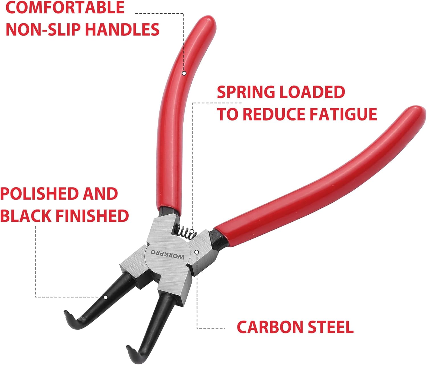 Spring-loaded snap ring pliers with red non-slip handles and carbon steel jaws