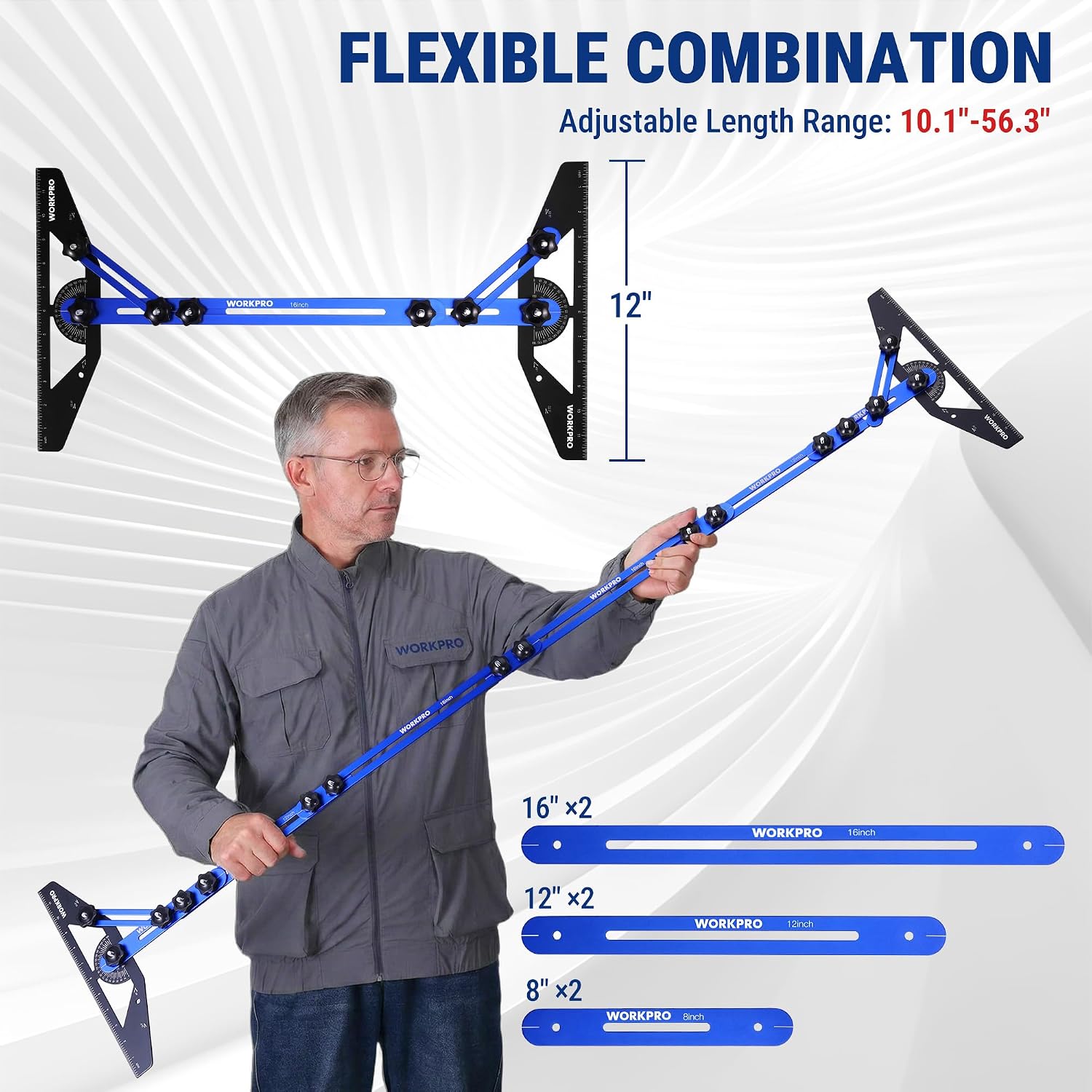 Adjustable blue aluminum stair tread template gauge with black locking brackets, held by hand