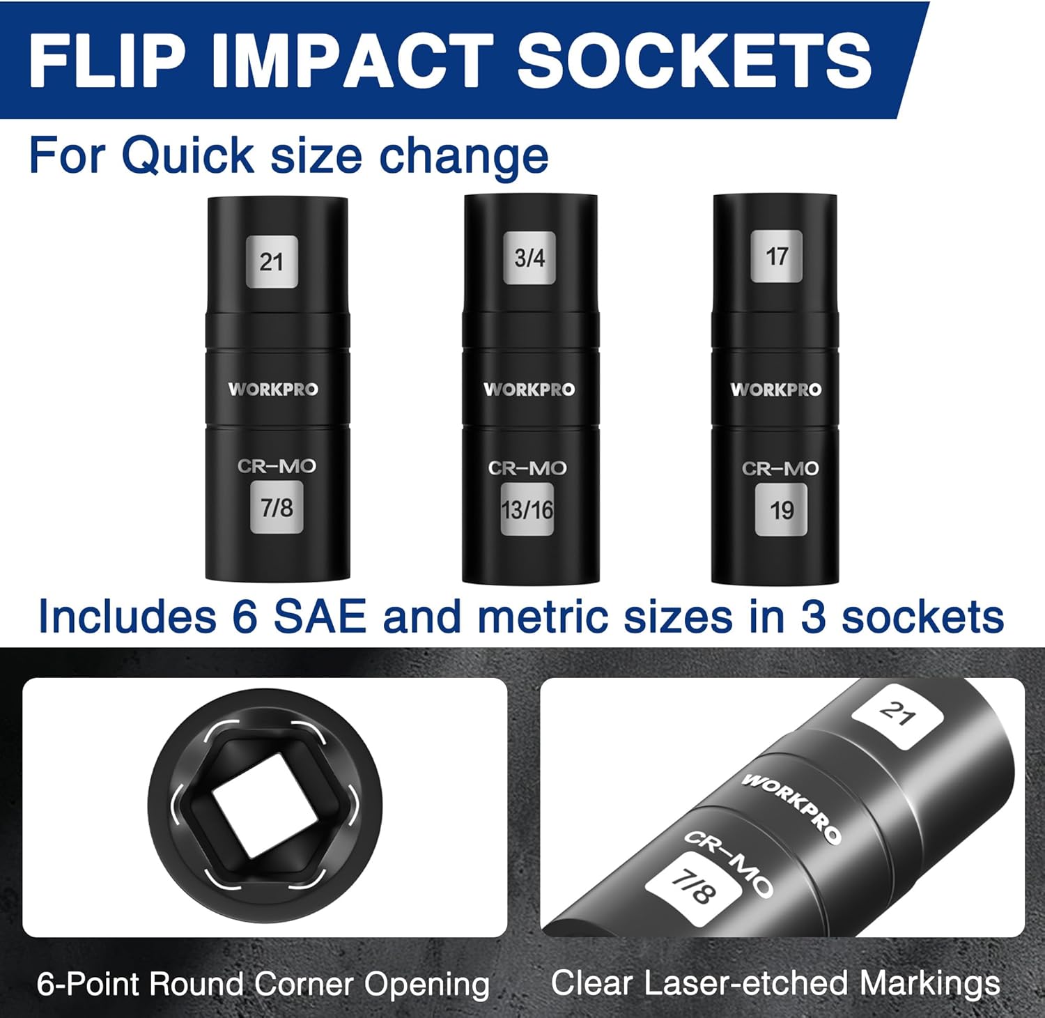 WORKPRO flip impact sockets set with three marked 6-point sockets