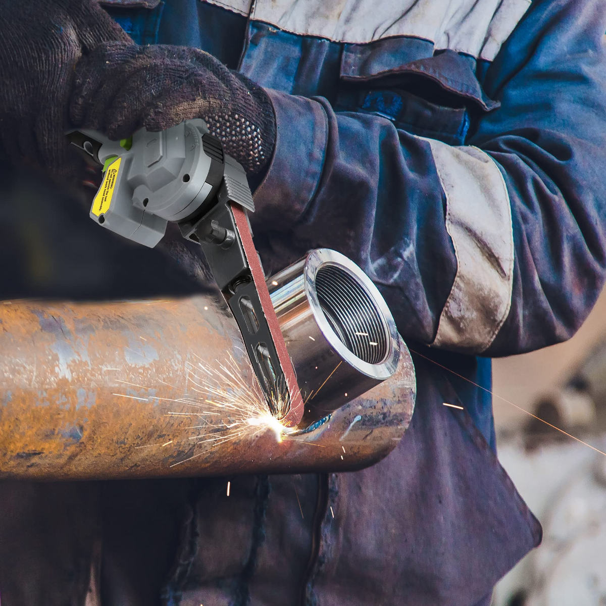 Mini chain saw cutting a metal pipe with sparks; gray and green tool held in work glove