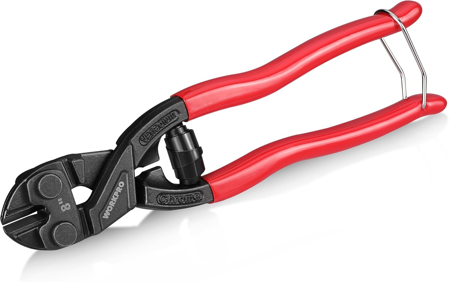 8-inch mini bolt cutter side view with red handles and black cutting head