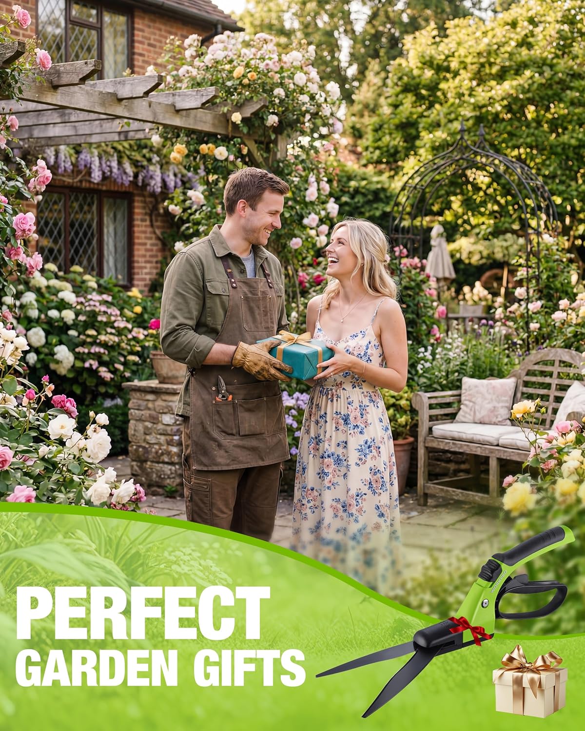 WORKPRO grass shears on brochure-style garden gift layout with lime-green tool