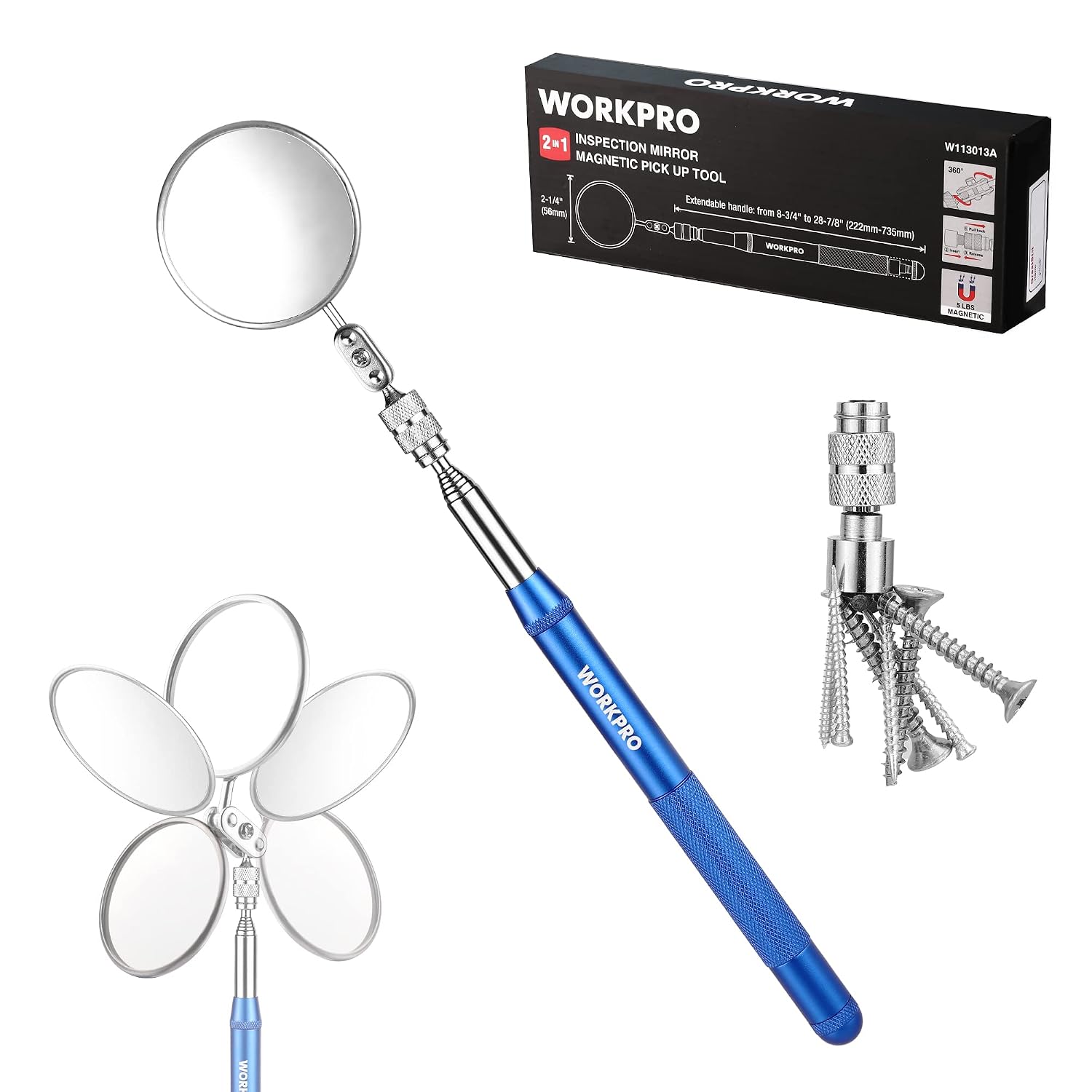 2-in-1 inspection mirror and magnetic pickup tool set with round mirror and blue handle