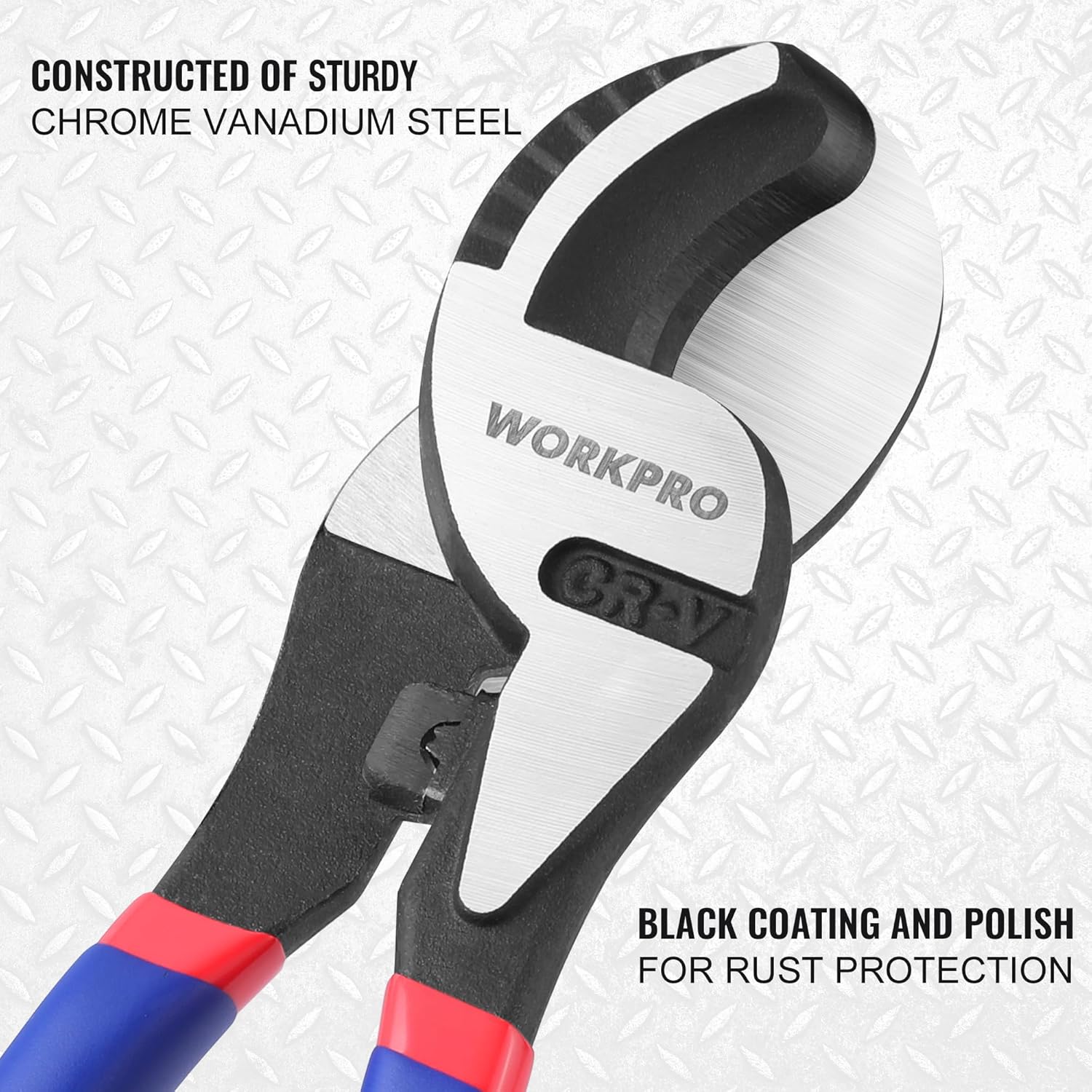 Cable cutter with chrome vanadium steel head, black coating, and blue/red grips
