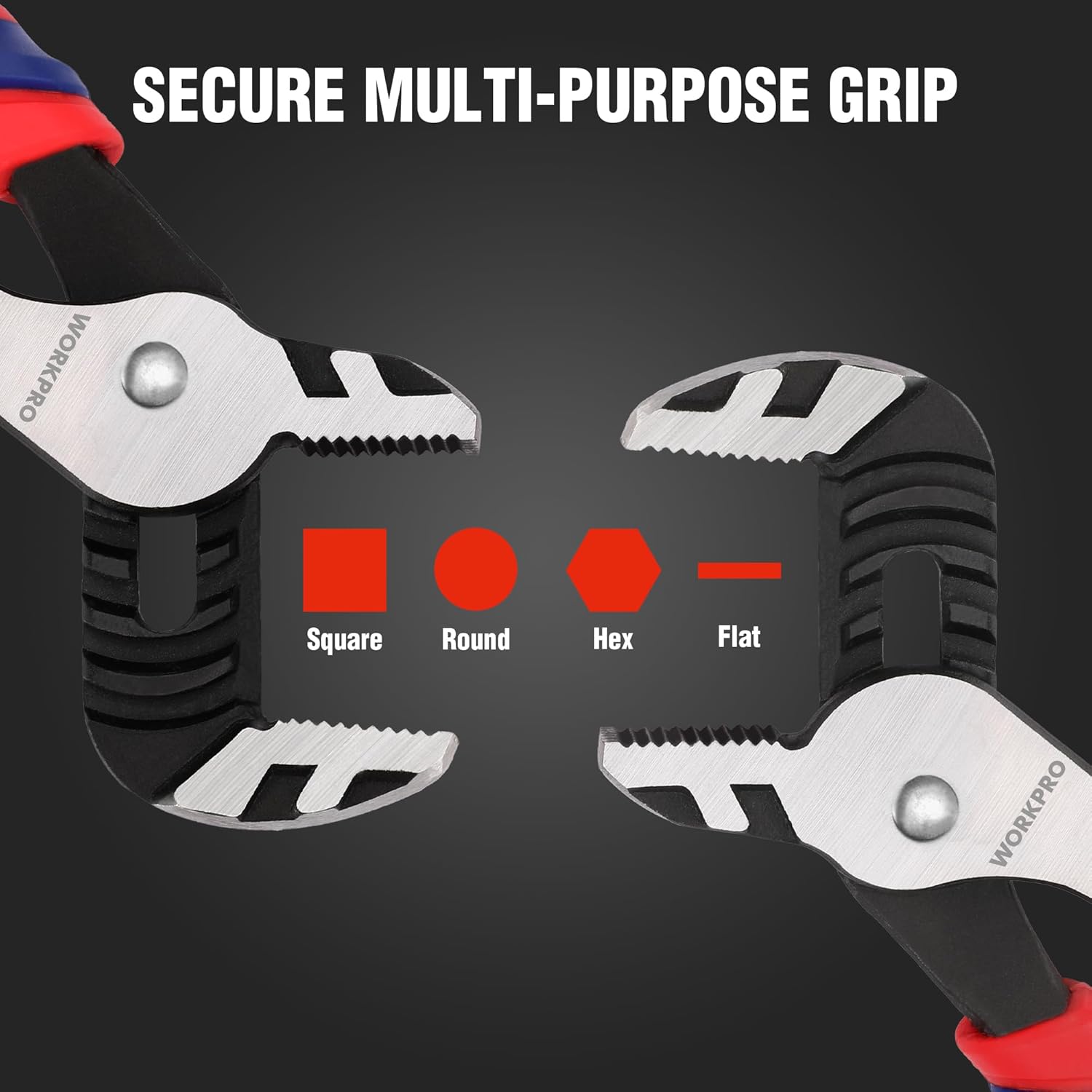 Adjustable groove jaw pliers showing grip types for square, round, hex, and flat sizes