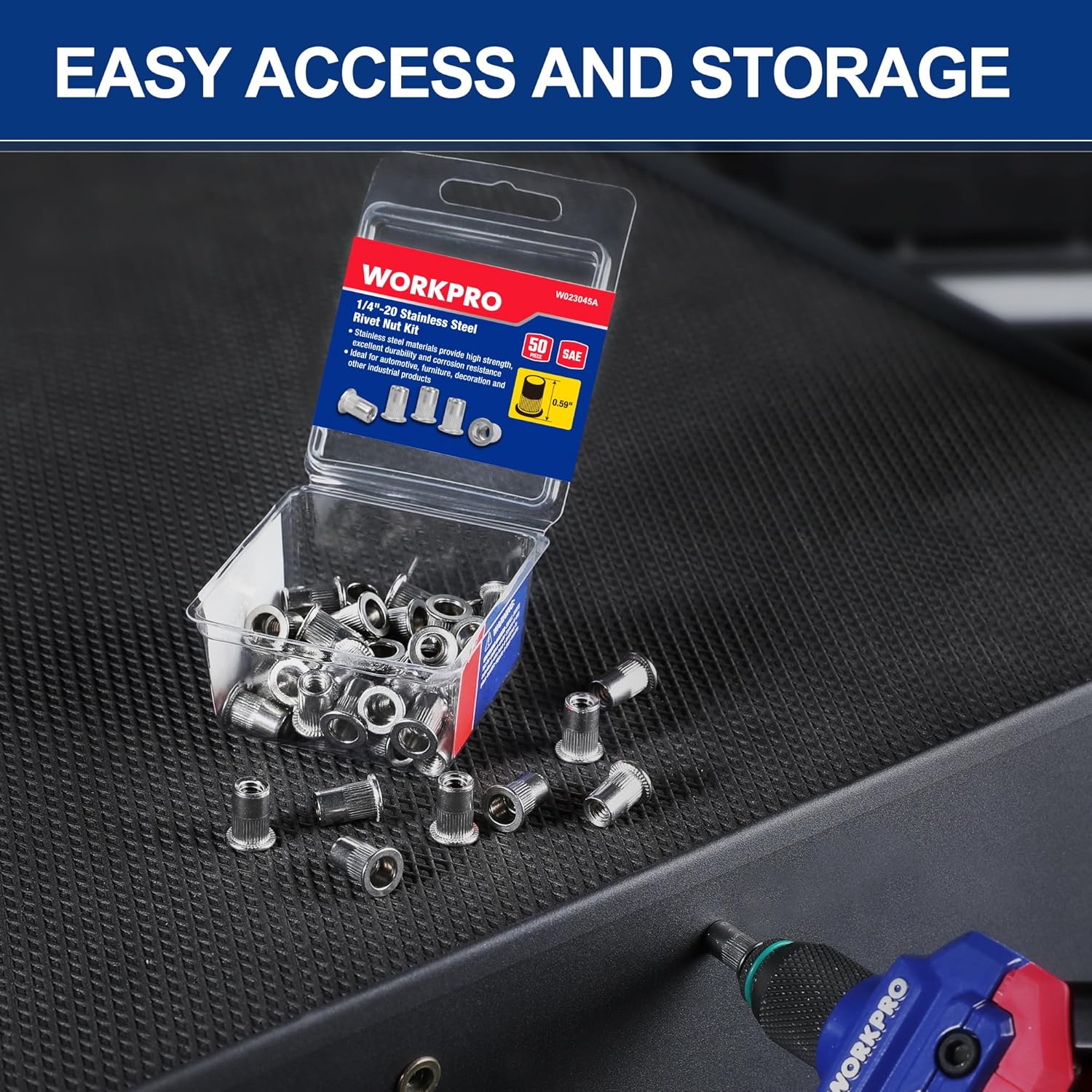 WORKPRO stainless steel rivet nuts in clear blister pack, threaded insert fasteners
