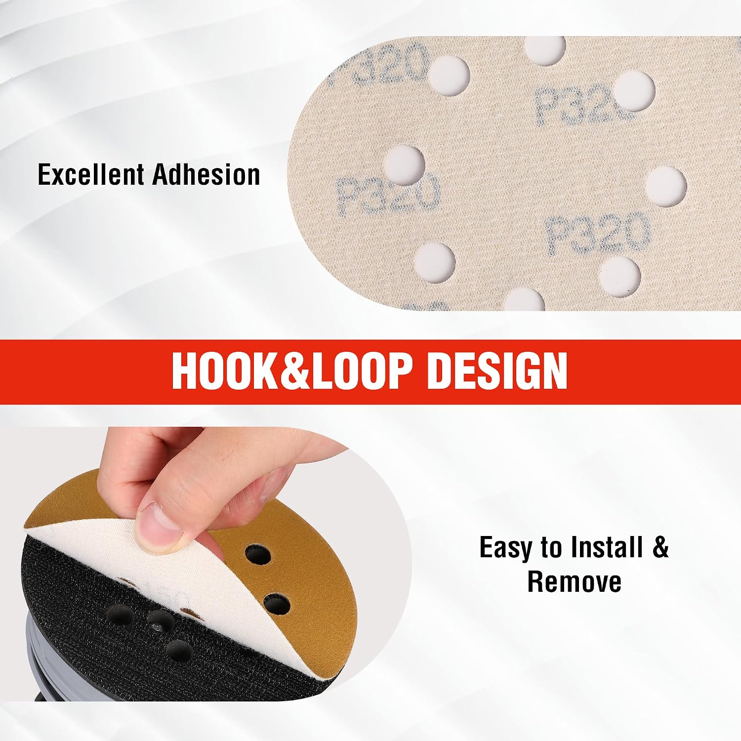 Hook-and-loop sanding disc with dust holes, shown during easy install and removal