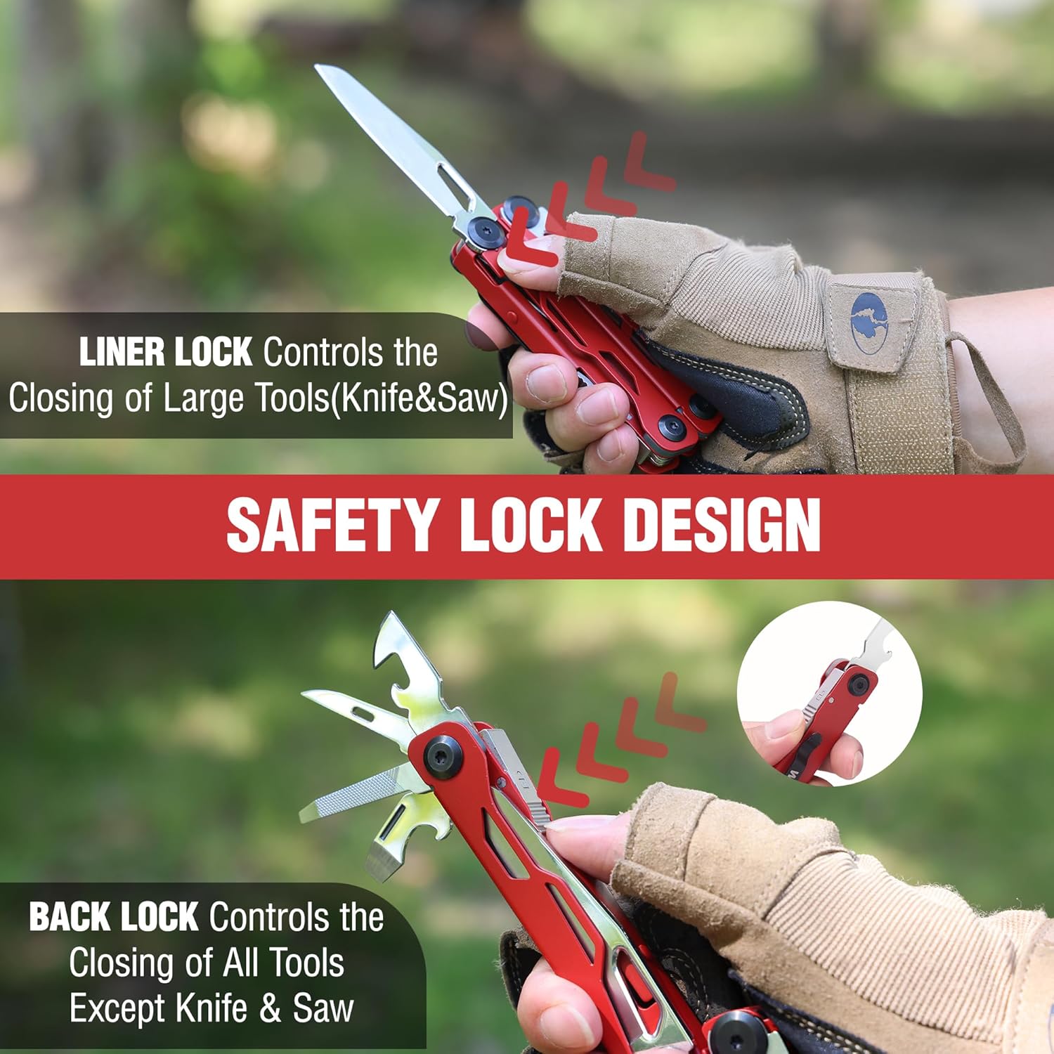 Red multitool pliers with knife and saw blades shown with safety lock mechanism
