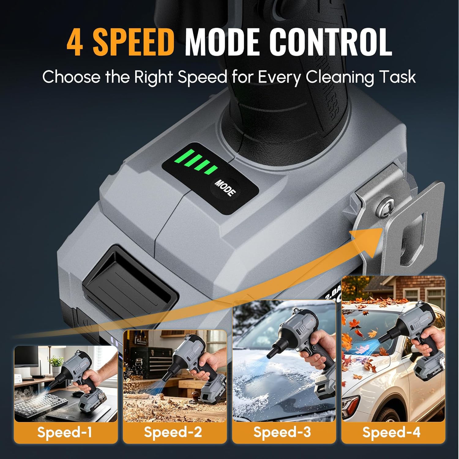 Air duster blower base with four-mode speed selector dial and side nozzle port