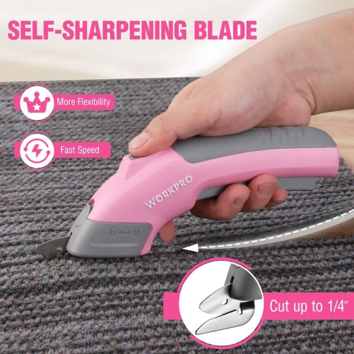 Pink cordless electric scissors with metal cutting blade, hand-held for fabric trimming