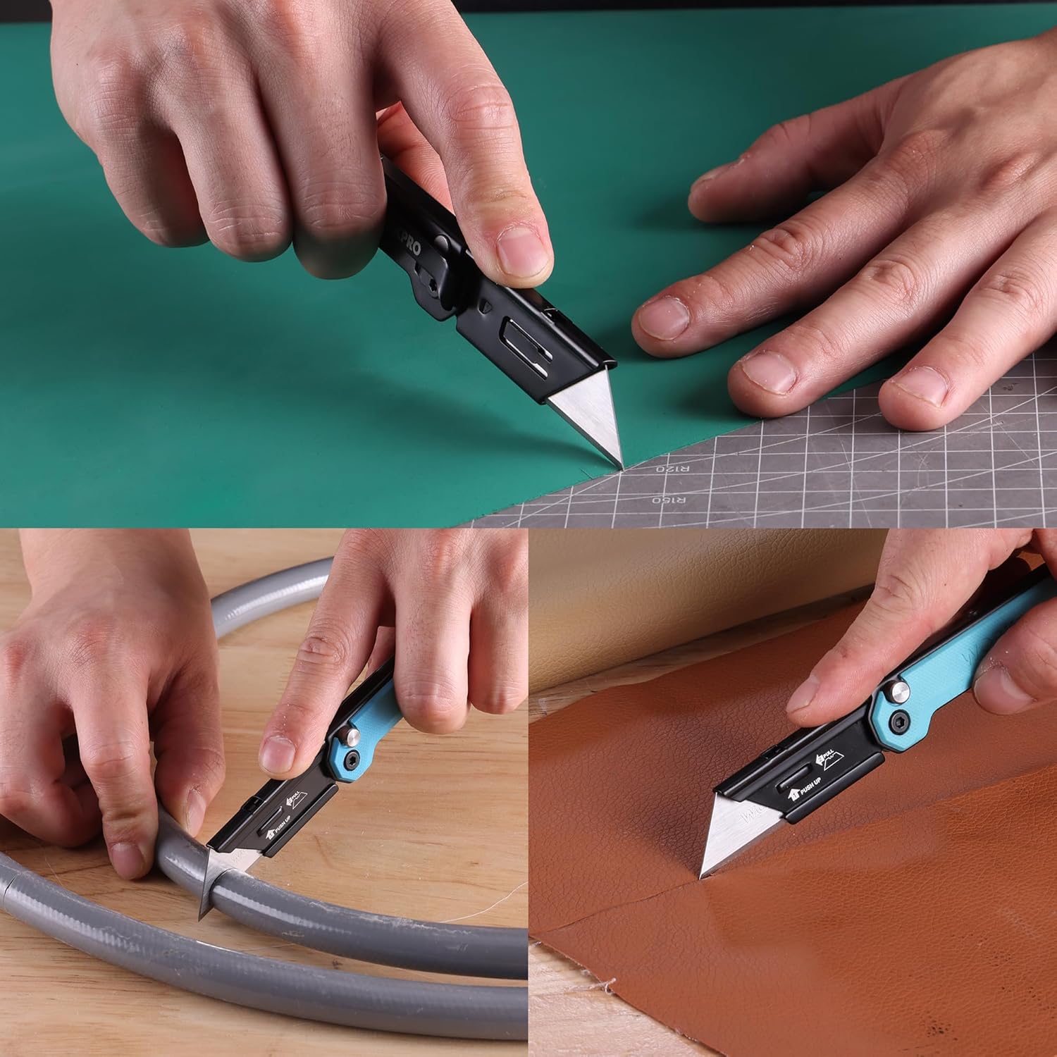 Folding box cutter in use cutting cardboard on a work surface with a guide tool.