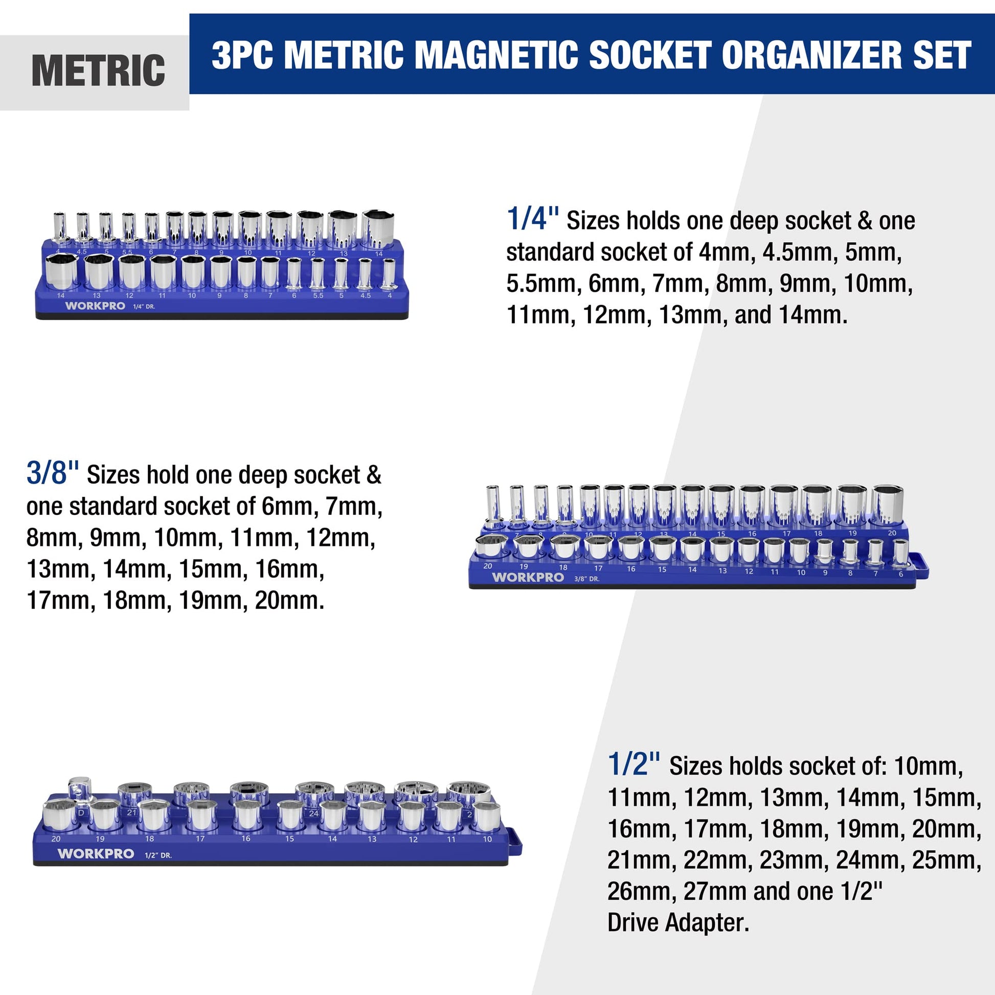 Magnetic socket organizer set with chrome sockets on a blue tray, metric size layout