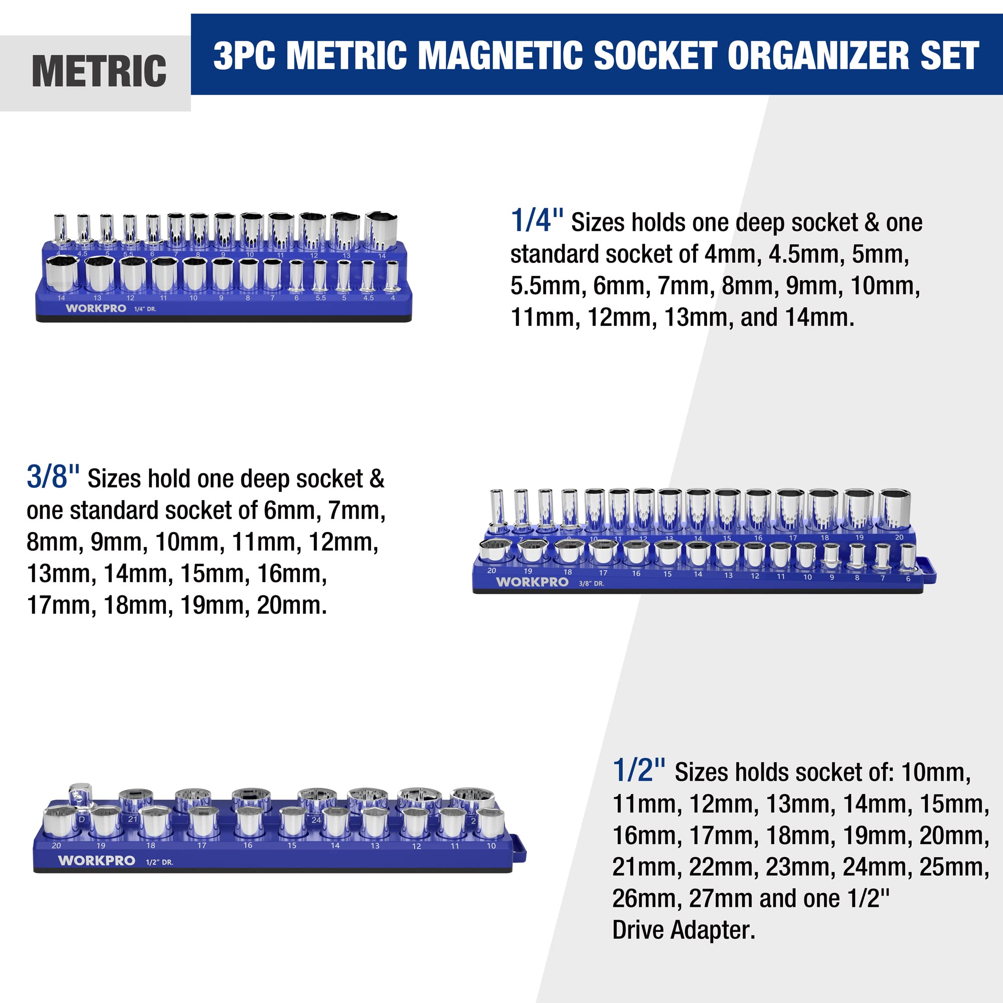 Magnetic socket organizer set with chrome sockets on a blue tray, metric size layout