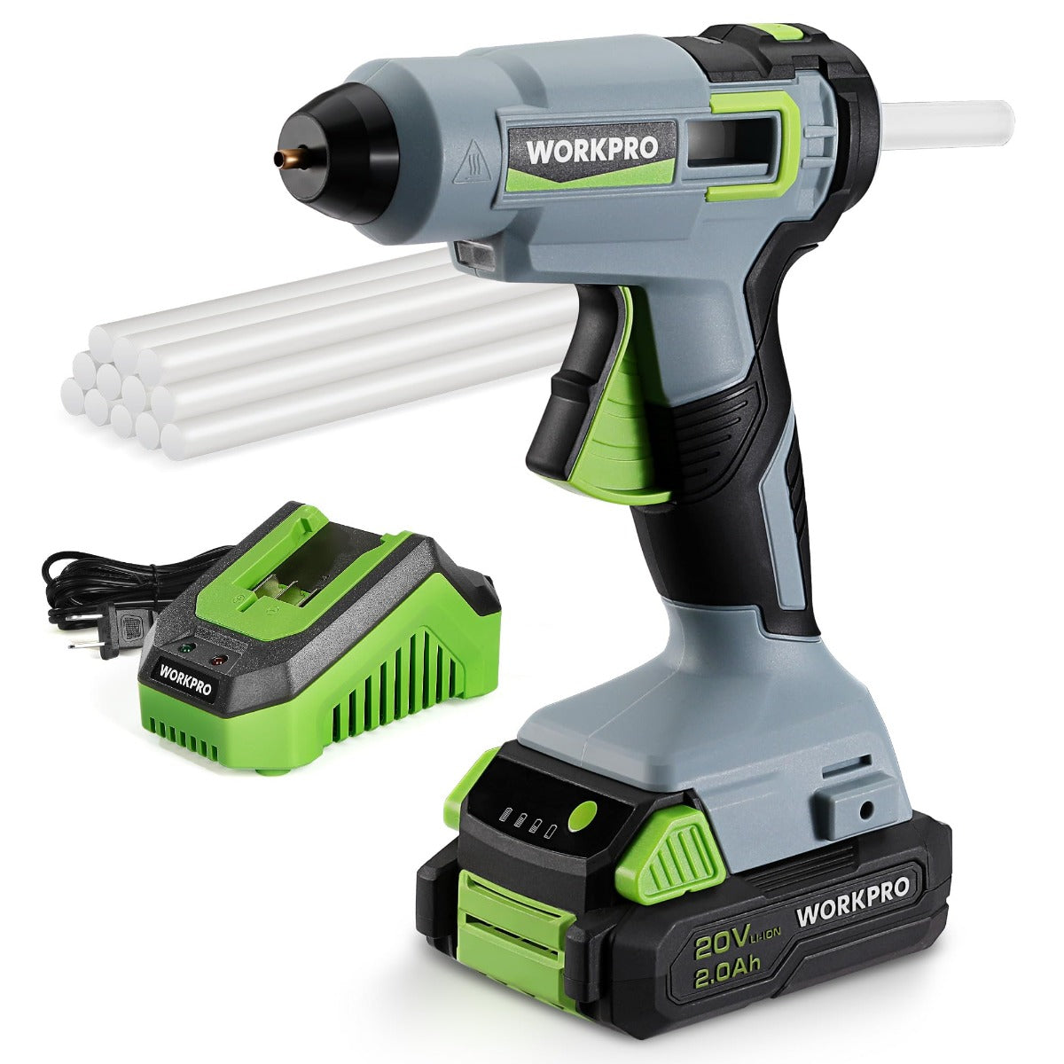 WORKPRO cordless hot glue gun with 12 white glue sticks and green-black battery base