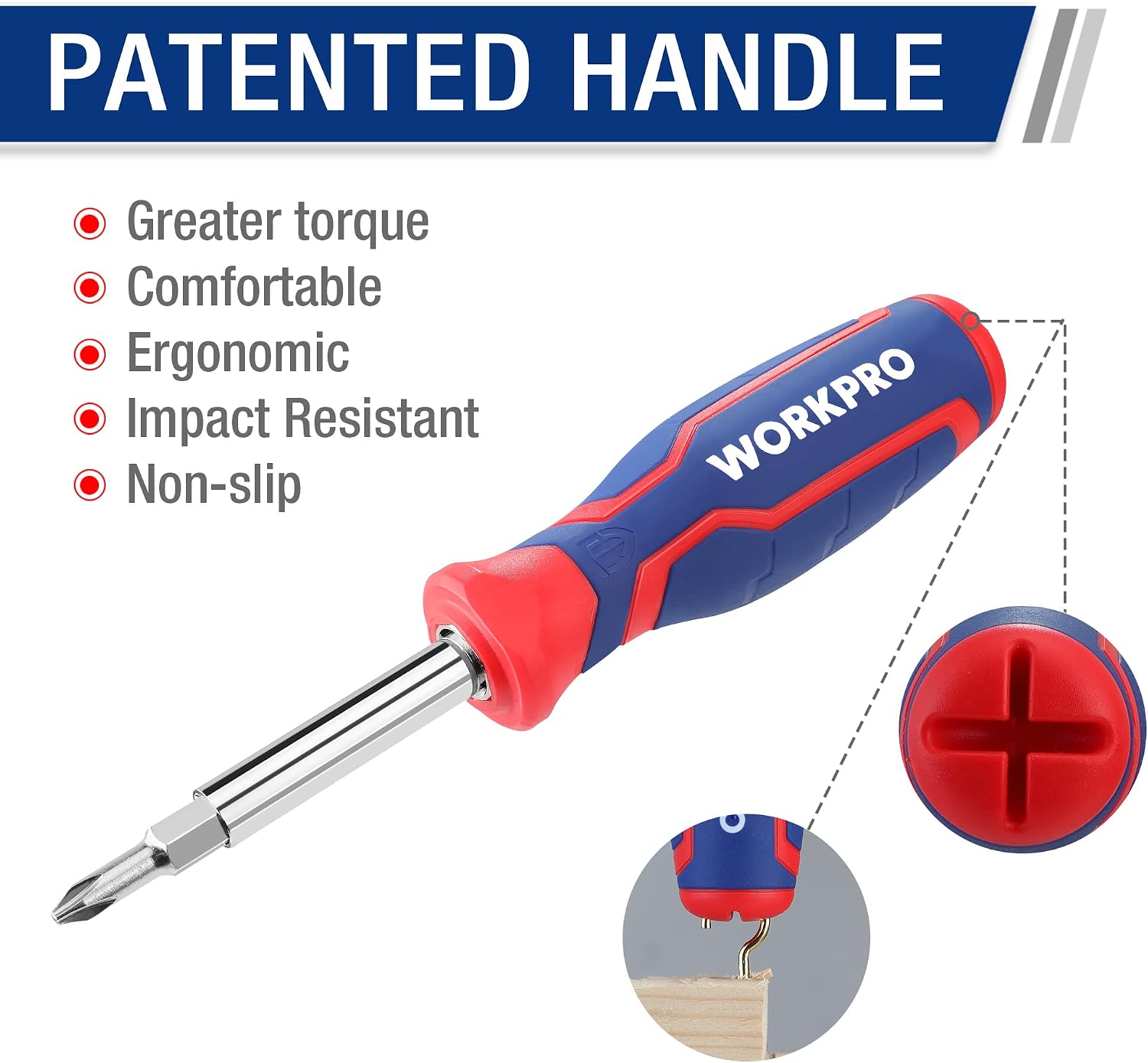 Red and blue ergonomic screwdriver handle with exposed metal bit shaft