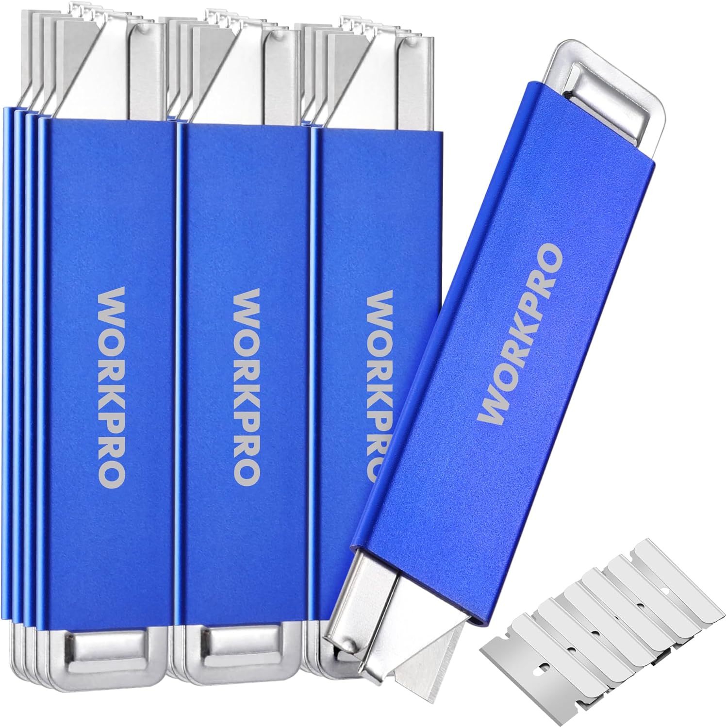 Pack of blue retractable box cutters with metal blade holders and extra blades