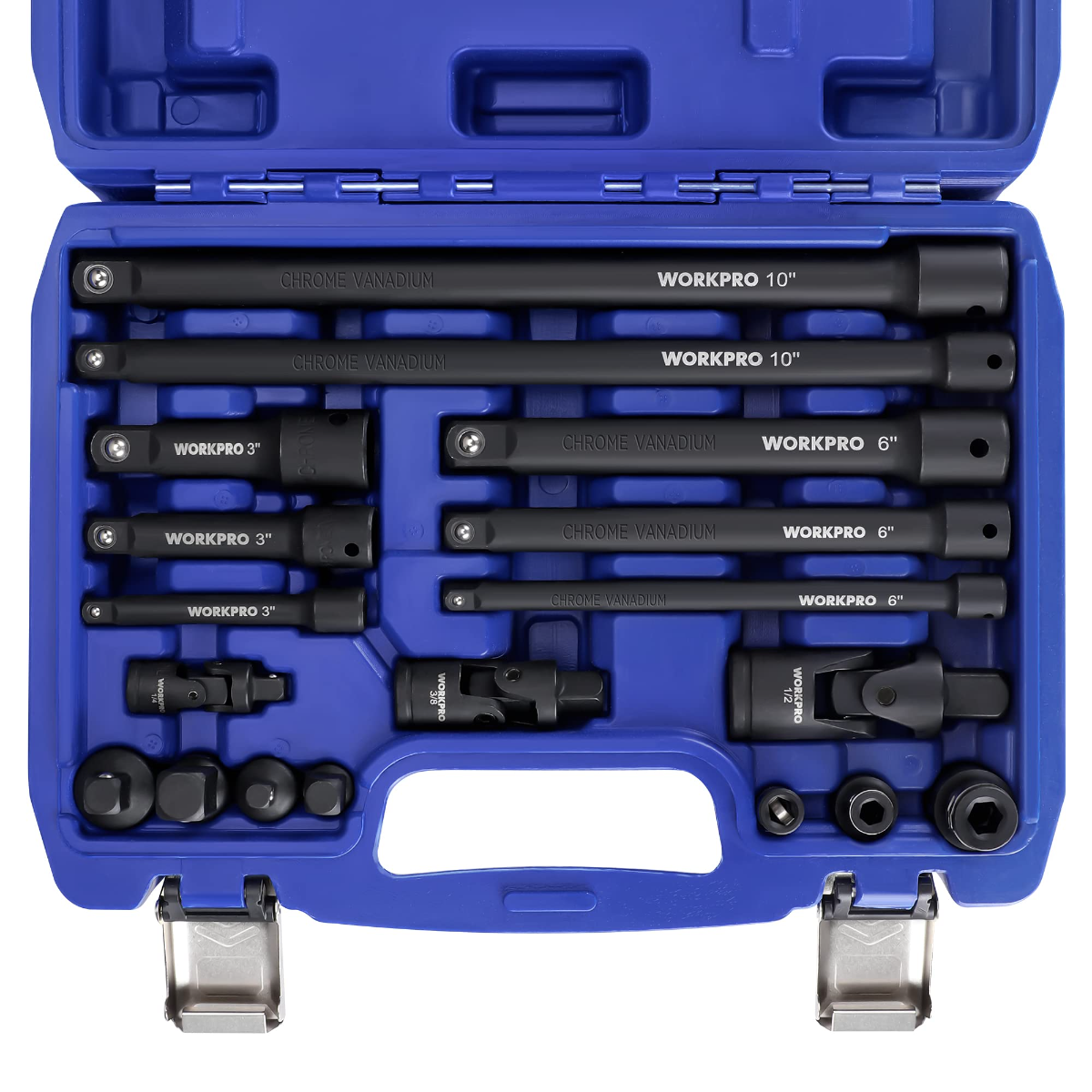 Socket drive tool set in blue plastic case with multiple black extensions and adapters