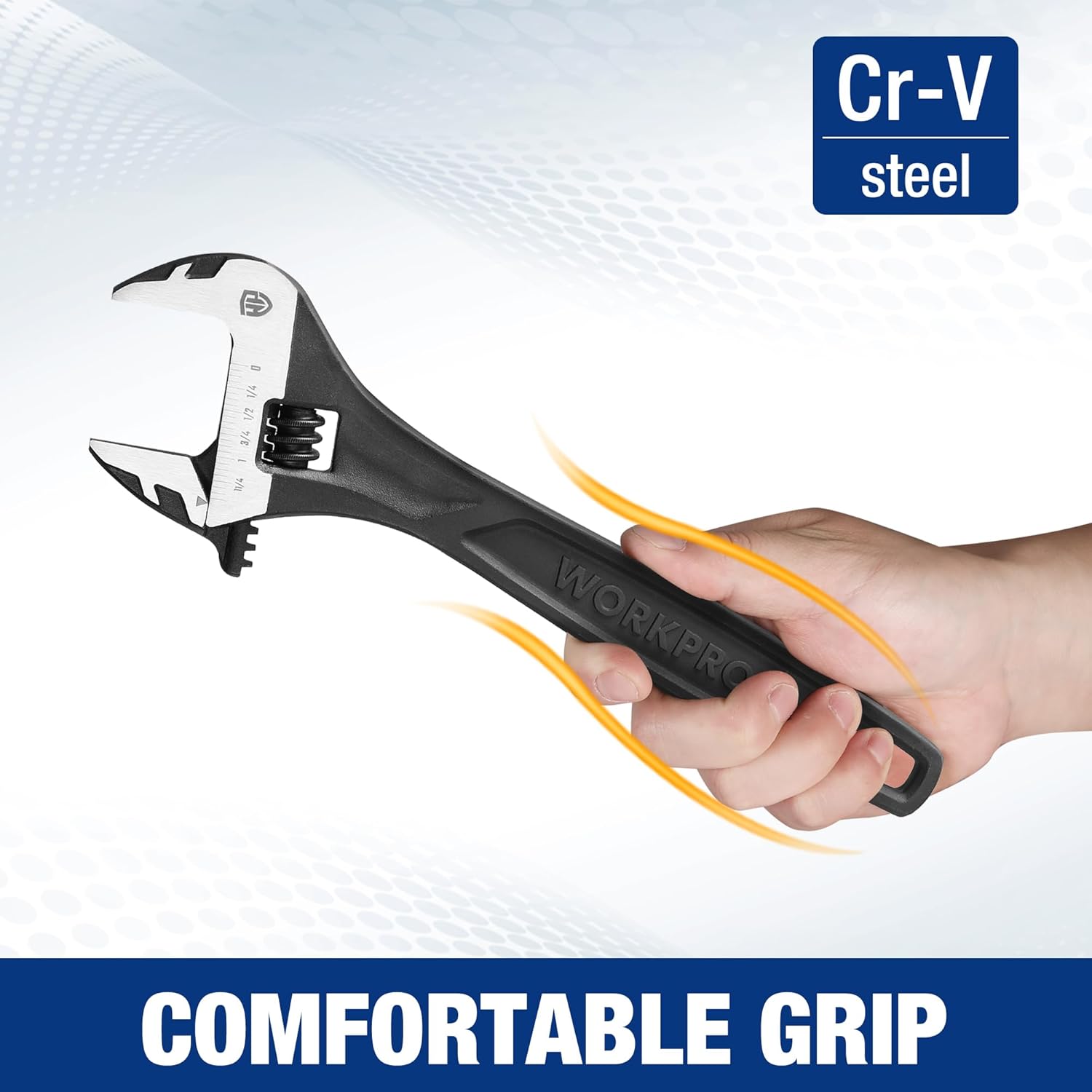 Black adjustable wrench with Cr-V steel jaw insert and comfortable grip