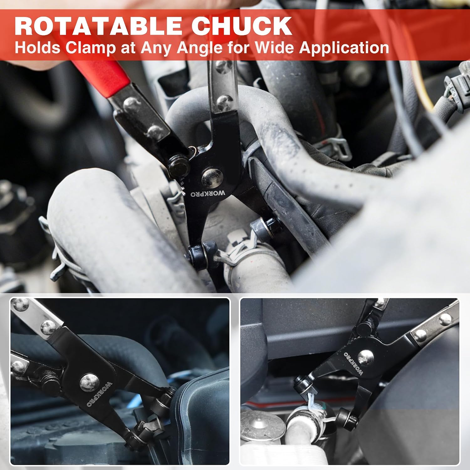 Hose clamp pliers with rotatable chuck holding a clamp under a vehicle hood