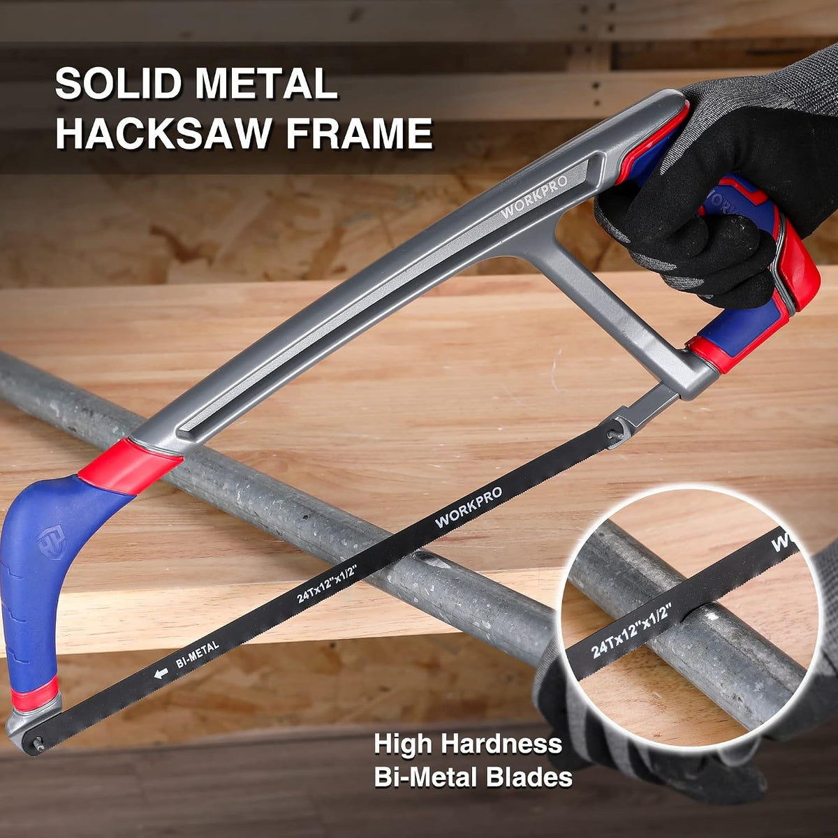WORKPRO 12-inch Hacksaw with Extra 2 Bi-Metal Saw Blades, Heavy Duty Adjustable 45/90 Angle Saw for Metal, Wood, PVC Pipes