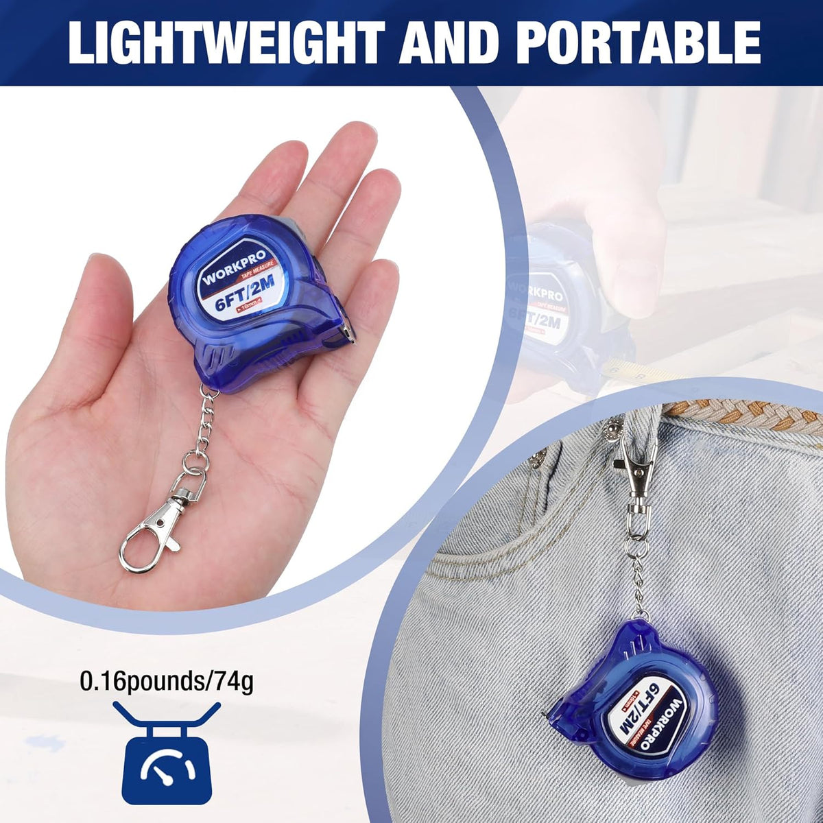 Blue retractable keychain tape measure in hand with chain keyring; compact ABS housing