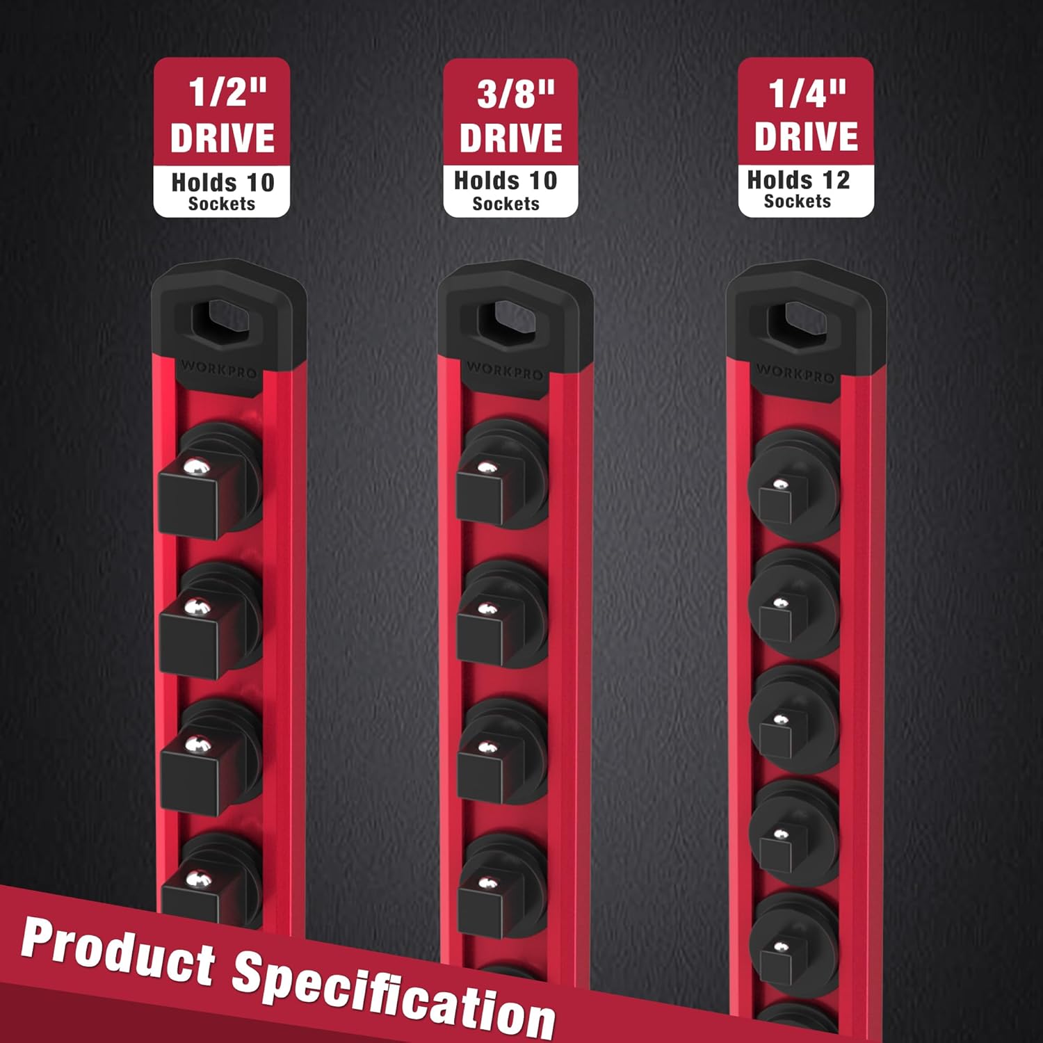 Red socket rail set with black holders for 1/2-inch, 3/8-inch, and 1/4-inch drives