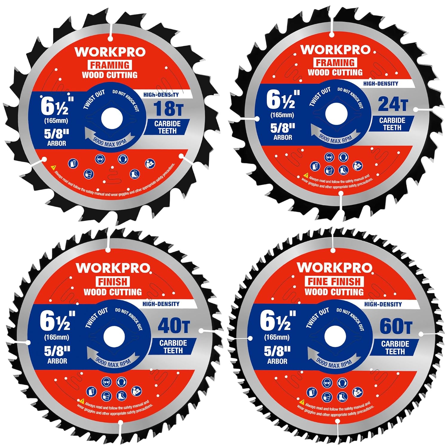 4-pack 6-1/2 in circular saw blades, carbide tipped, 18T 24T 40T 60T ATB