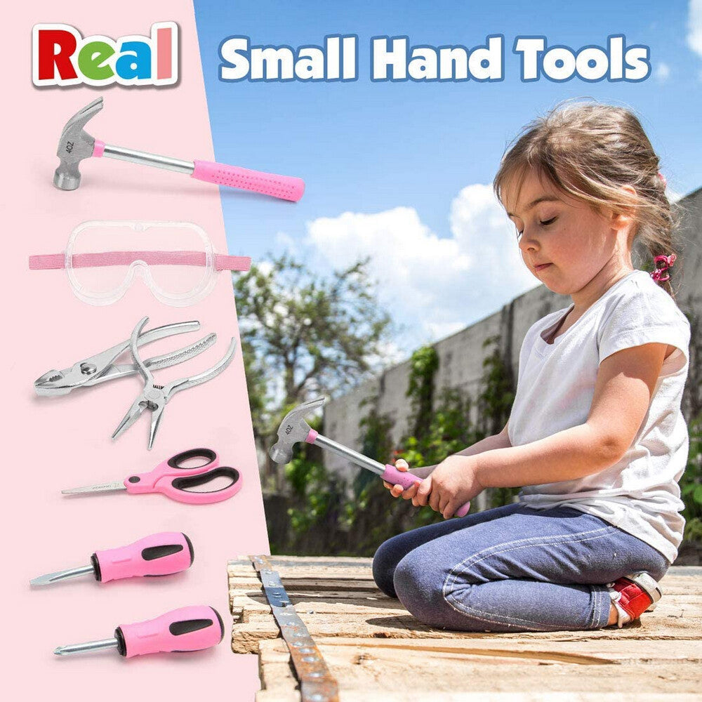 WORKPRO Kid Tools Kit 23 piece kids DIY woodwork tool kit in pink with secure zip-up storage bag