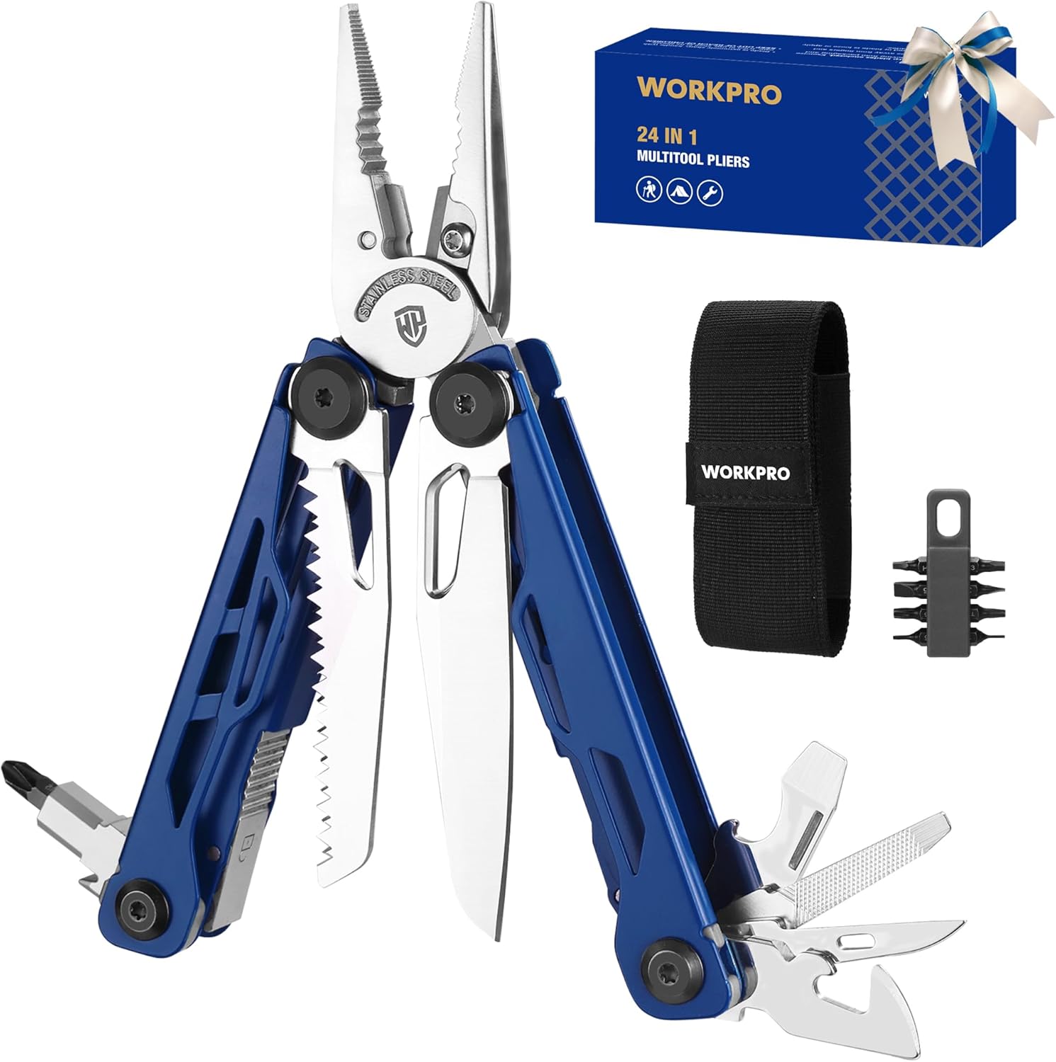 WORKPRO Gift for Men & Father, 24-in-1 Mutitool, Stainless Steel Multitool Pliers with Pocket Knife and Screwdrivers, EDC Self-locking Multi Tool with Sheath, Belt Clip for Outdoor Activities, Blue