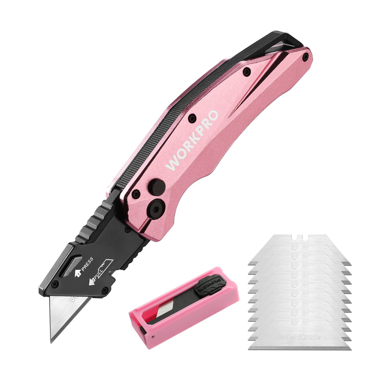 Pink folding utility knife with blade storage and SK5 replacement blades included