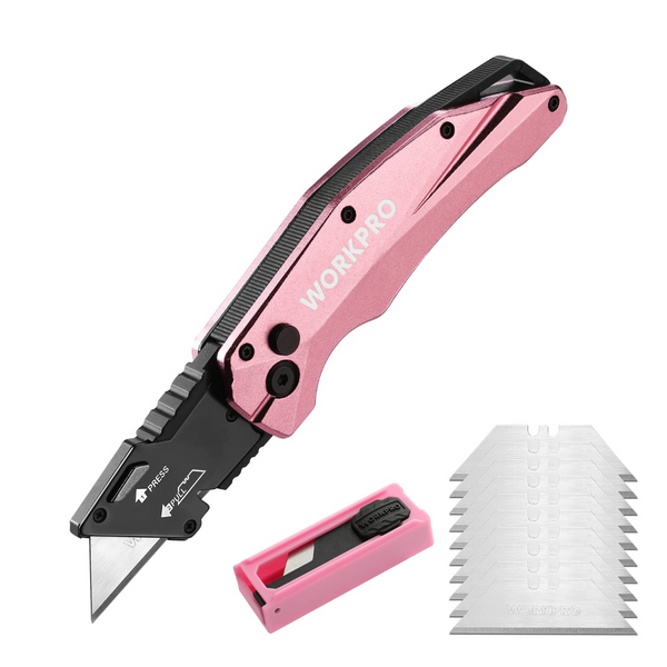 WORKPRO Pink Quick-Change Folding Utility Knife with12 Extra Blades 